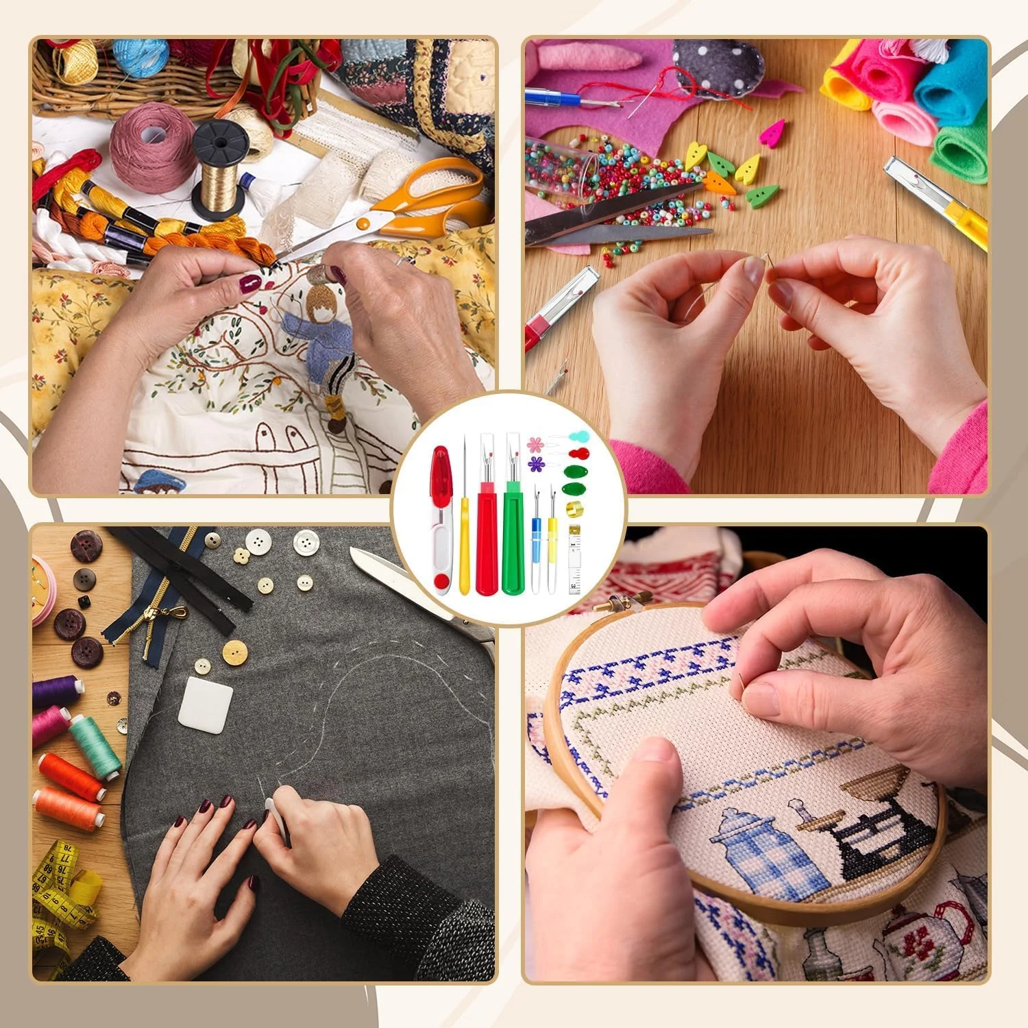 نخ باز کن خیاطی – 2 عدد بزرگ و 2 عدد کوچک، ابزار جدا کننده بخیه، شکافنده، ابزار حذف گلدوزی، به همراه سوزن نخ کن، انگشتانه، متر نواری، درفش خیاطی و قیچی نخ چین نخ باز کن خیاطی – 2 عدد بزرگ و 2 عدد کوچک، ابزار جدا کننده بخیه، شکافنده، ابزار حذف گلدوزی، به همراه سوزن نخ کن، انگشتانه، متر نواری، درفش خیاطی و قیچی نخ چین