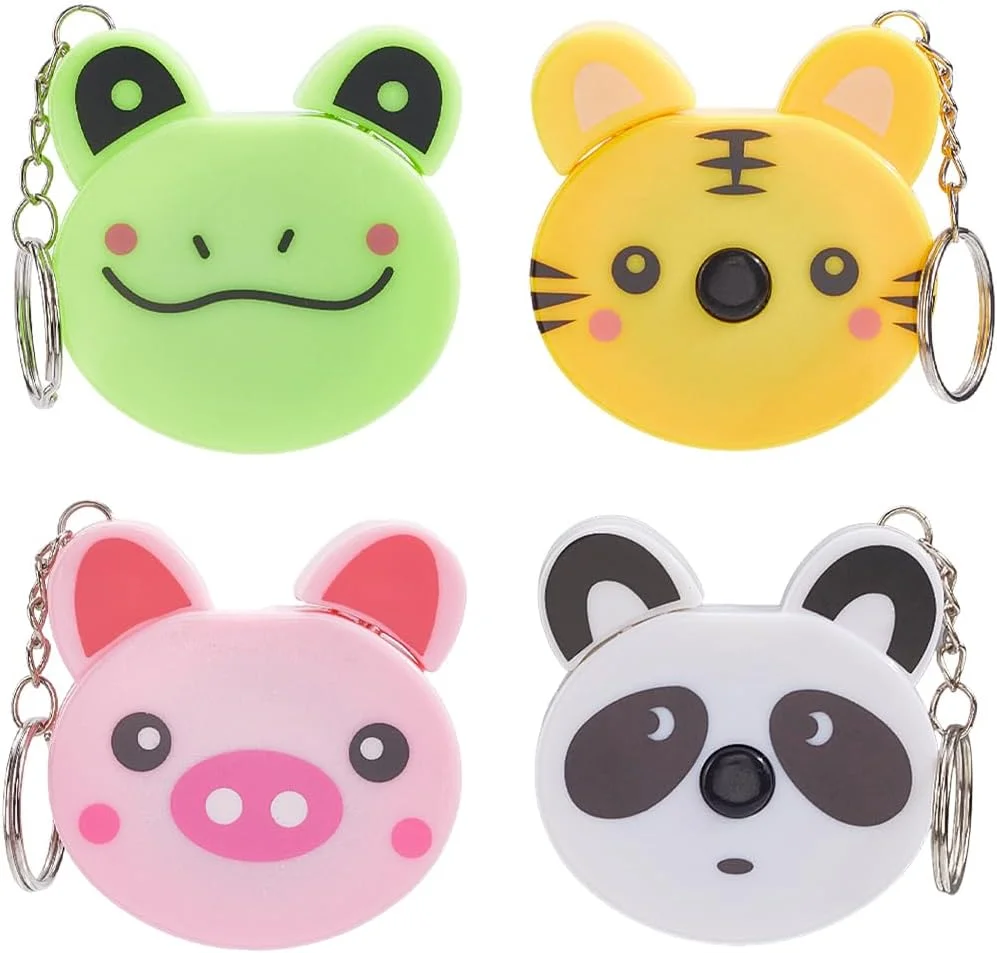 SUNNYCLUE 4 عدد 4 مدل متر نواری کوچک جاکلیدی متر نواری جاکلیدی پلاستیکی PVC کارتونی قورباغه خوک پاندا ببر باغ وحش حیوانات خط کش جاکلیدی برای پارچه بدن خیاطی