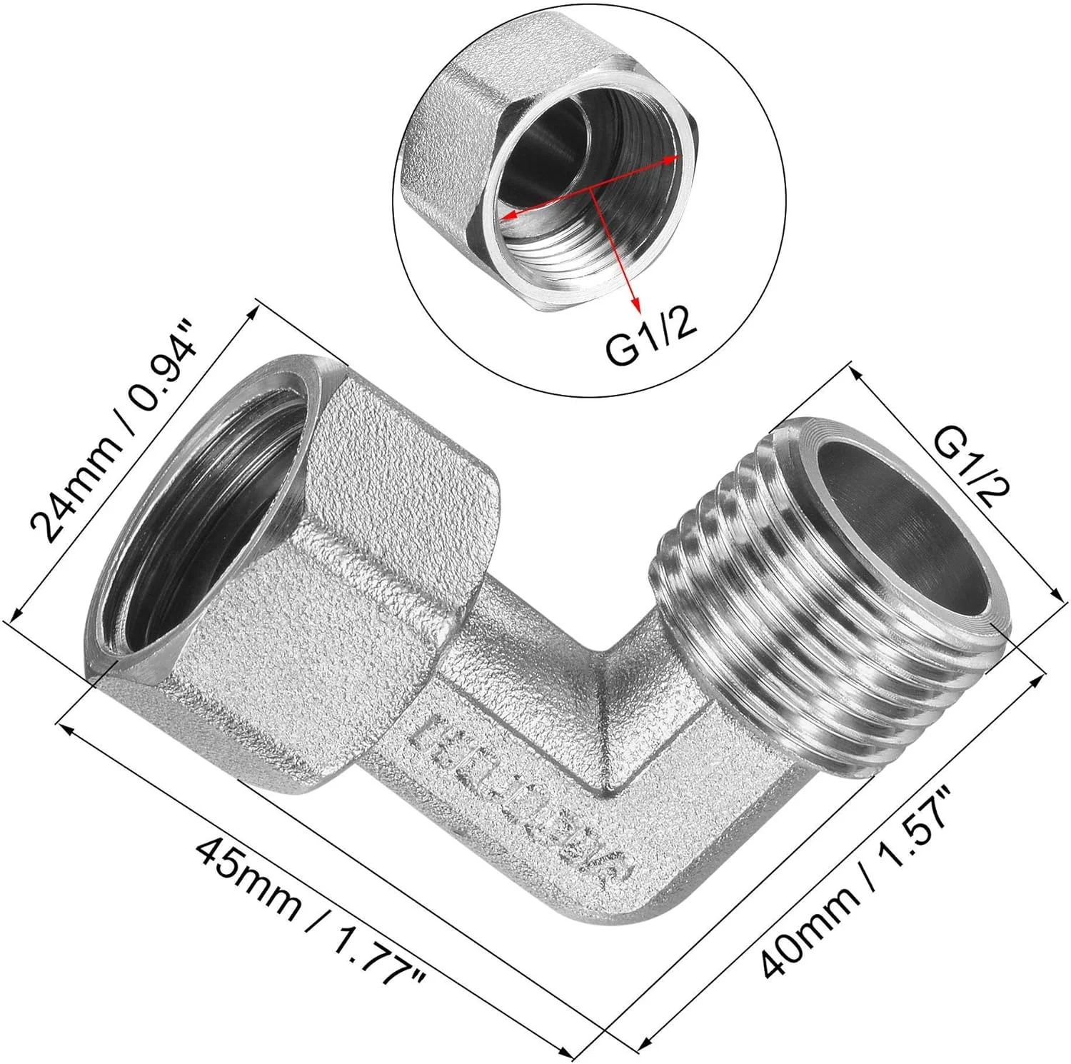 اتصال زانویی لوله uxcell، رزوه نر به ماده G1/2، اتصال دهنده شلنگ 2 طرفه L شکل، آداپتور، مس با روکش نیکل، 2 عدد