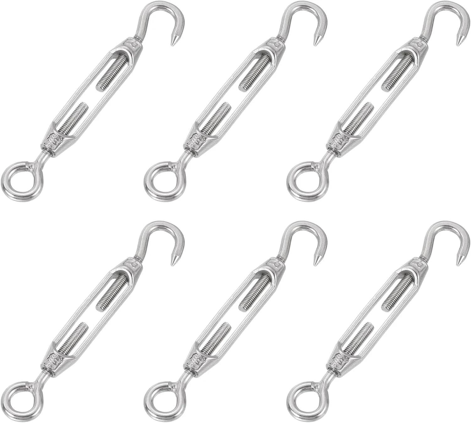 یوکسل 6 عددی بست های کششی M4 قلاب و چشمی، بست کششی طناب سیمی فولاد ضد زنگ 304، تنظیم کننده کشش کابل قابل تنظیم برای سایبان، طناب لباس