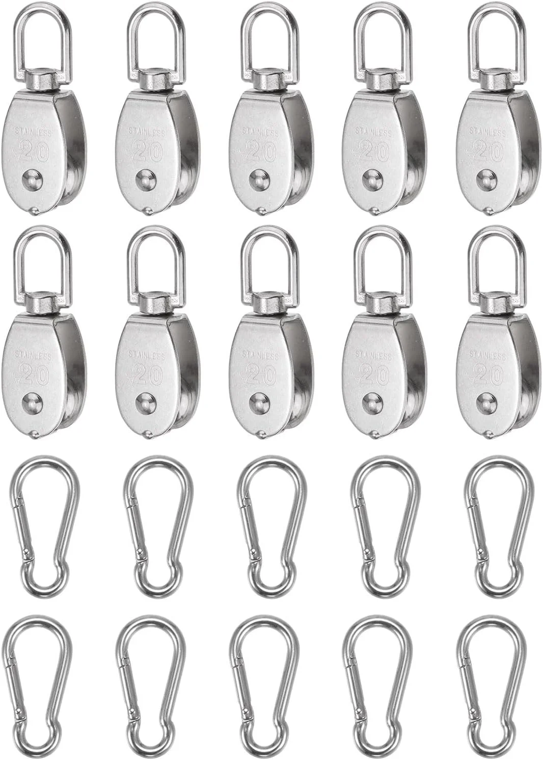 یوکسل مجموعه 10 تایی قرقره تکی M20 با قلاب فنری، چرخ بکسل سیم آویز فولاد ضد زنگ 304، غلتک قرقره جرثقیل با بارگیری 75 کیلوگرم