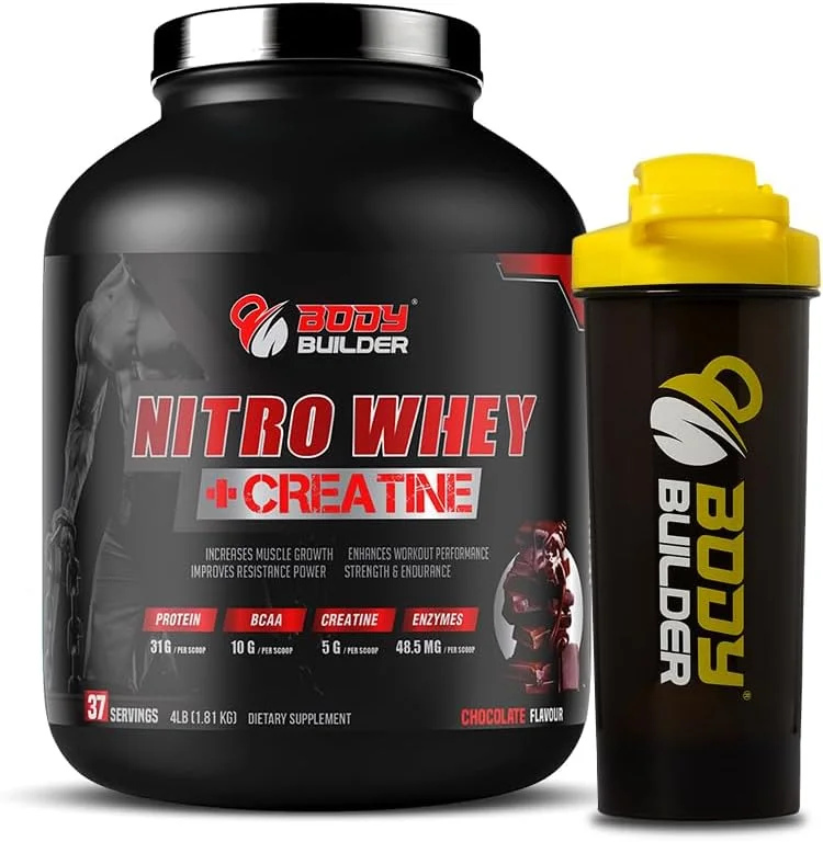 پروتئین وی نیترو + کراتین بادی بیلدینگ - 31 گرم پروتئین وی، 5 گرم کراتین، 10 گرم BCAA و آنزیم های گوارشی برای افزایش حجم عضلانی، افزایش انرژی و ریکاوری سریع (شکلاتی، 4 پوند) - شیکر رایگان پروتئین وی نیترو + کراتین بادی بیلدینگ - 31 گرم پروتئین وی، 5 گرم کراتین، 10 گرم BCAA و آنزیم های گوارشی برای افزایش حجم عضلانی، افزایش انرژی و ریکاوری سریع (شکلاتی، 4 پوند) - شیکر رایگان