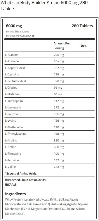 آمینو 6000 میلی گرم بادی بیلدینگ حاوی 18 آمینو اسید ضروری | 280 قرص | عضله سازی بدون چربی، افزایش استقامت، بهبود ریکاوری، کاهش تجزیه عضلات | EAAs و BCAAs برای عملکرد بهینه