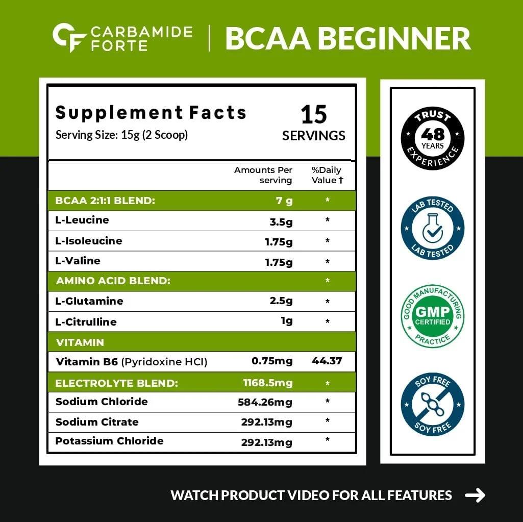 پودر مکمل BCAA Pro کاربامید فورته | پودر مکمل BCAA با ال-گلوتامین و ال-سیترولین | مکمل حین تمرین | سیب سبز - 225 گرم