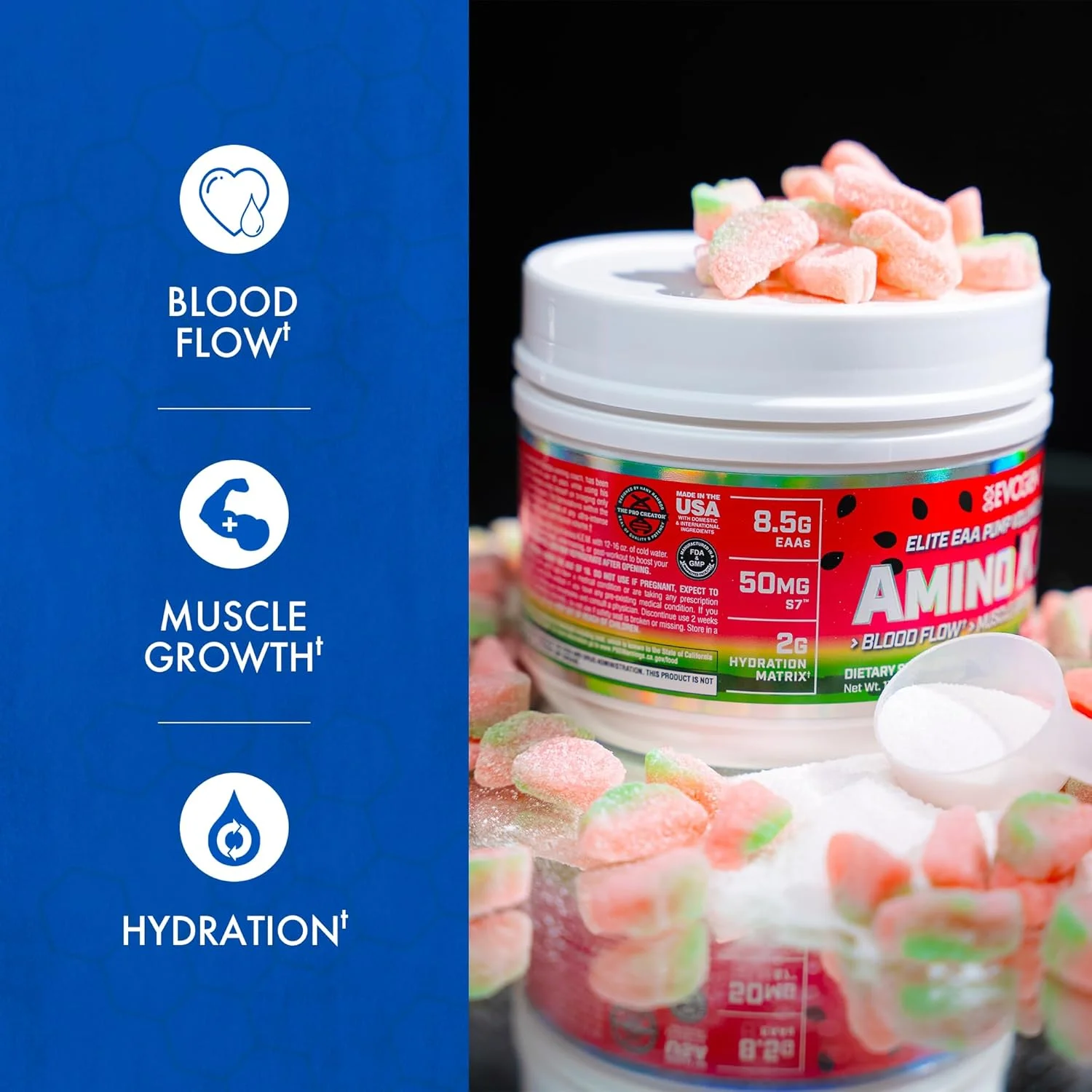 Evogen Amino KEM | اسید آمینه ضروری ممتاز، EAA و BCAA، اکسید نیتریک، بتائین بی آب، S7، ریکاوری، افزایش حجم، کاتالیزور پمپ | هندوانه ترش Evogen Amino KEM | اسید آمینه ضروری ممتاز، EAA و BCAA، اکسید نیتریک، بتائین بی آب، S7، ریکاوری، افزایش حجم، کاتالیزور پمپ | هندوانه ترش