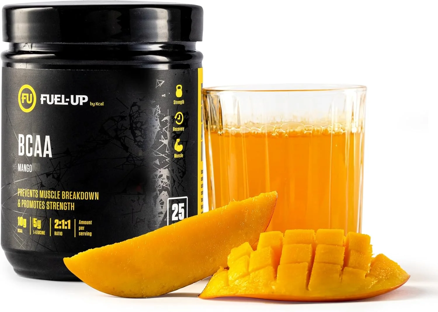 پودر بی سی ای ای FUEL-UP از Kcal - طعم انبه، نوشیدنی ریکاوری تمرین بدون شکر، 10 گرم اسیدهای آمینه بی سی ای ای در هر وعده، 5 گرم ال لوسین، نسبت 2:1:1، 25 وعده در هر ظرف، 325 گرم