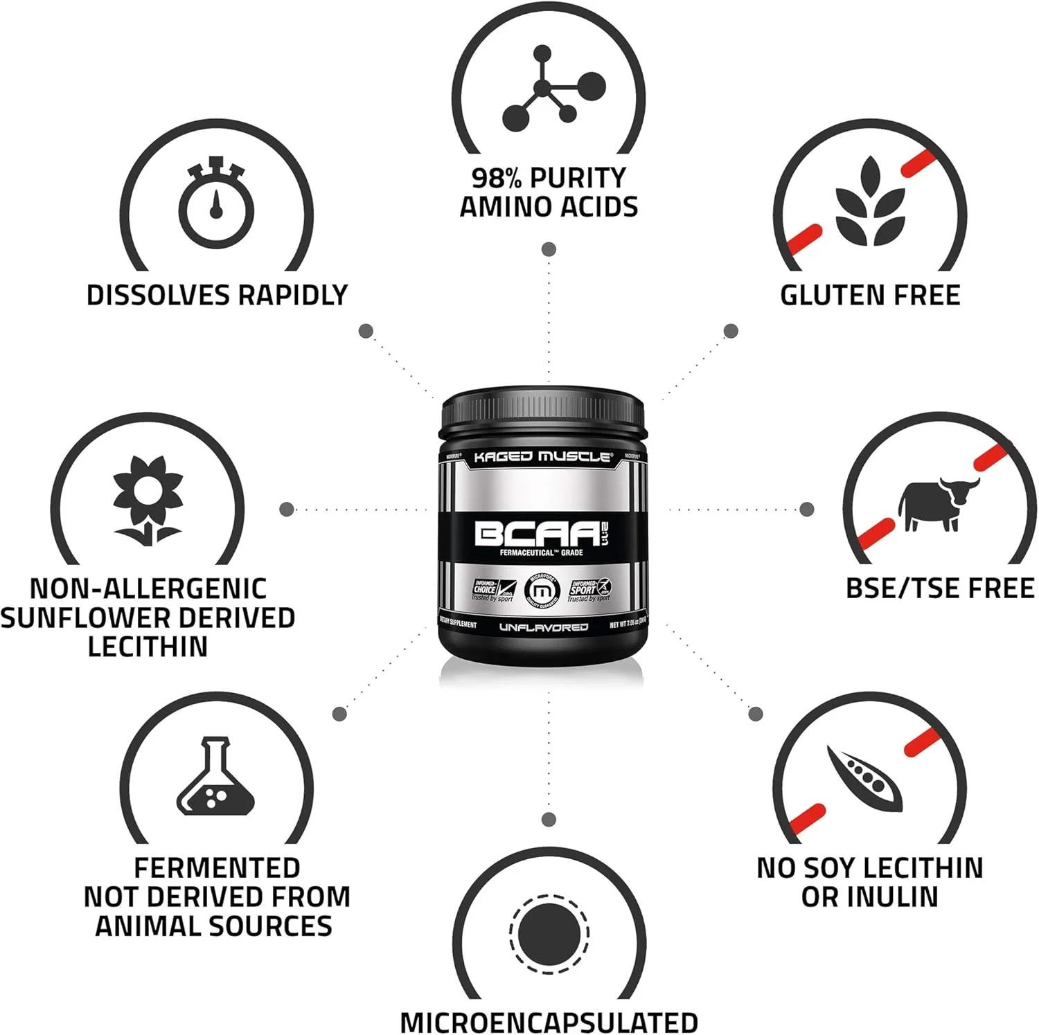 پودر BCAA تخمیری KAGED MUSCLE، گیاهی، غیر GMO، پشتیبانی از سنتز پروتئین، آمینو اسیدهای شاخه دار سازگار با گیاهخواران، آمینواسیدها، BCAAs، بدون طعم، 72 سروینگ، 14.1 اونس