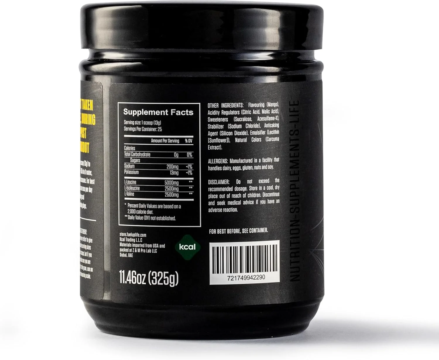 پودر بی سی ای ای FUEL-UP از Kcal - طعم انبه، نوشیدنی ریکاوری تمرین بدون شکر، 10 گرم اسیدهای آمینه بی سی ای ای در هر وعده، 5 گرم ال لوسین، نسبت 2:1:1، 25 وعده در هر ظرف، 325 گرم