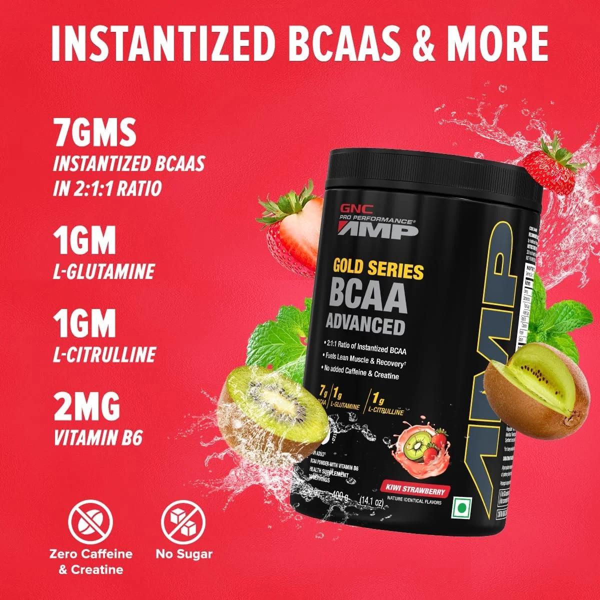 GNC AMP Gold Series BCAA Advanced | 400 گرم | 30 سروینگ | ریکاوری سریع عضلات | عملکرد حداکثری تمرین | فرموله شده در ایالات متحده آمریکا | 7 گرم BCAA | 1 گرم ال-گلوتامین | 1 گرم ال-سیترولین | کیوی توت فرنگی