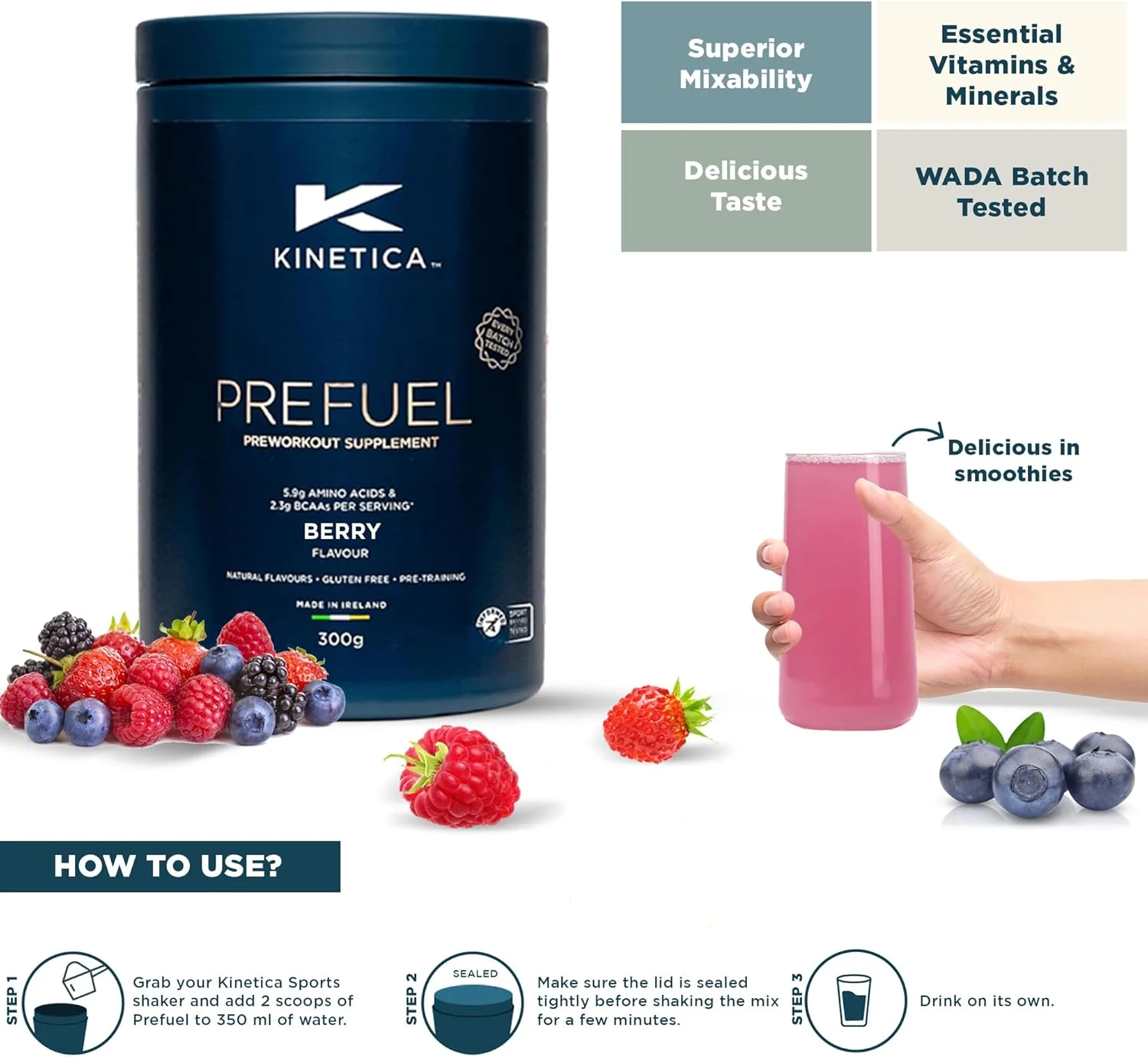مکمل پیش از تمرین Kinetica Sports Prefuel - طعم بری | حاوی 5.8 گرم ترکیب اسیدهای آمینه، 2.25 گرم BCAA و 92 میلی گرم کافئین در هر وعده، 30 سروینگ/300 گرم | حاوی ویتامین ها و مواد معدنی ضروری | پشتیبانی از عملکرد و افزایش انرژی مکمل پیش از تمرین Kinetica Sports Prefuel - طعم بری | حاوی 5.8 گرم ترکیب اسیدهای آمینه، 2.25 گرم BCAA و 92 میلی گرم کافئین در هر وعده، 30 سروینگ/300 گرم | حاوی ویتامین ها و مواد معدنی ضروری | پشتیبانی از عملکرد و افزایش انرژی