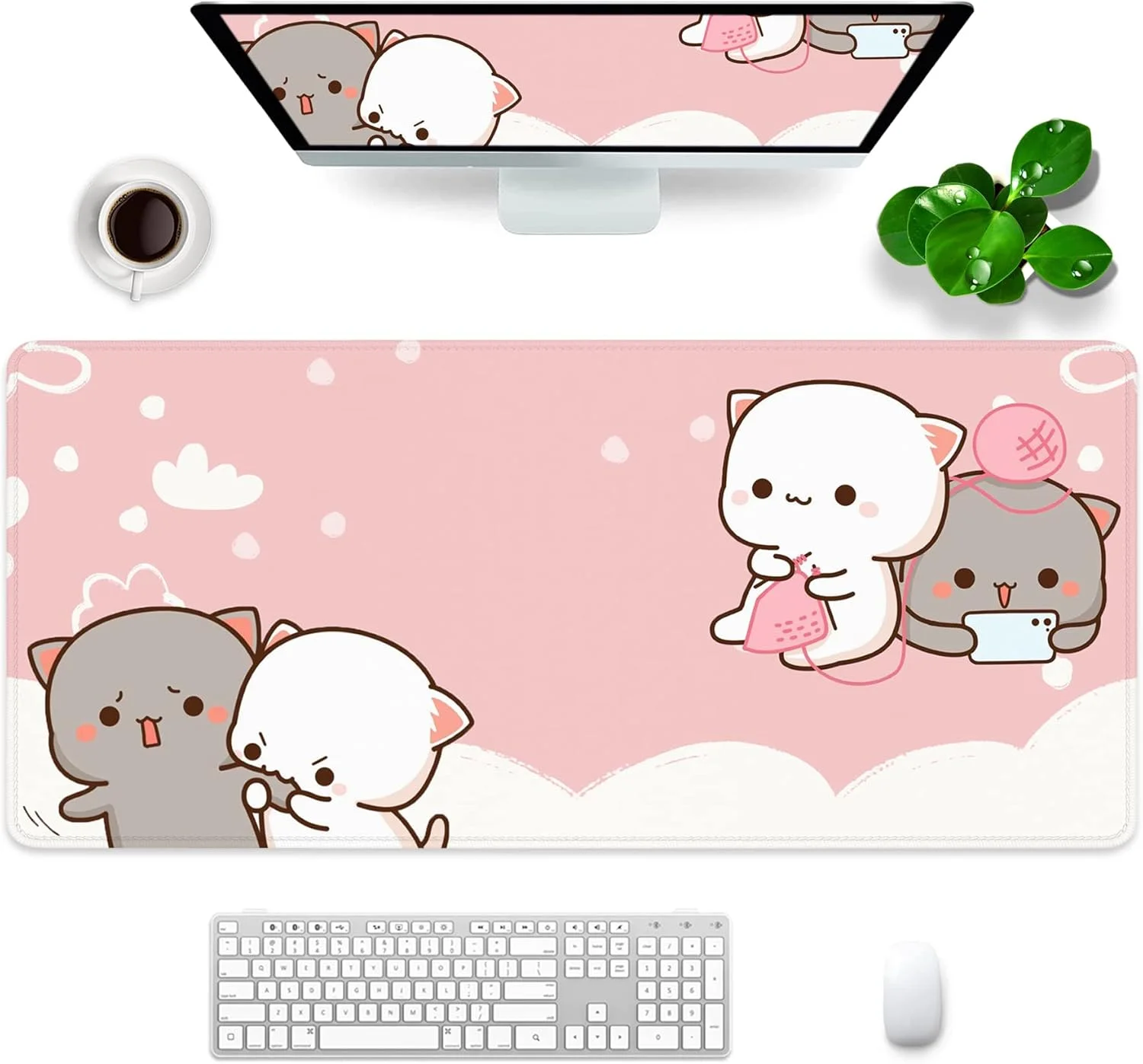 ماوس پد گیمینگ بزرگ Amrgik طرح گربه صورتی XXL Kawaii، تم حیوانات، 35x15.7x0.12 اینچ، پد ماوس بزرگ زنانه برای میز با طراحی شخصی برای لپ تاپ، کامپیوتر PC