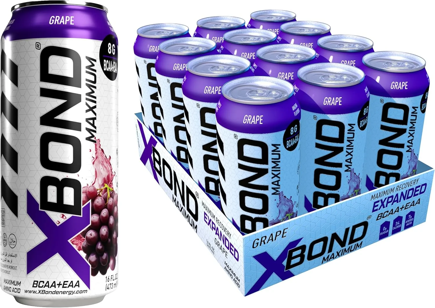 نوشیدنی آمینو حداکثر ریکاوری X-BOND - نوشیدنی الکترولیت BCAA + EAA - 473 میلی لیتر (16 fl oz) - 8 گرم BCAA/EAA، بدون شکر، 34 کالری، 60 میلی گرم کافئین (جعبه کامل 12 قوطی، انگور) نوشیدنی آمینو حداکثر ریکاوری X-BOND - نوشیدنی الکترولیت BCAA + EAA - 473 میلی لیتر (16 fl oz) - 8 گرم BCAA/EAA، بدون شکر، 34 کالری، 60 میلی گرم کافئین (جعبه کامل 12 قوطی، انگور)