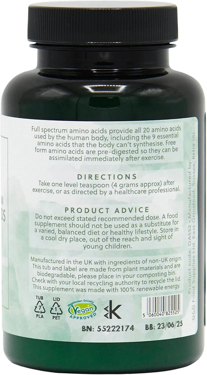 پودر آمینو اسید طیف کامل G&G Vitamins - آمینو اسیدهای فرم آزاد وگان - BCAA - پودر 200 گرمی
