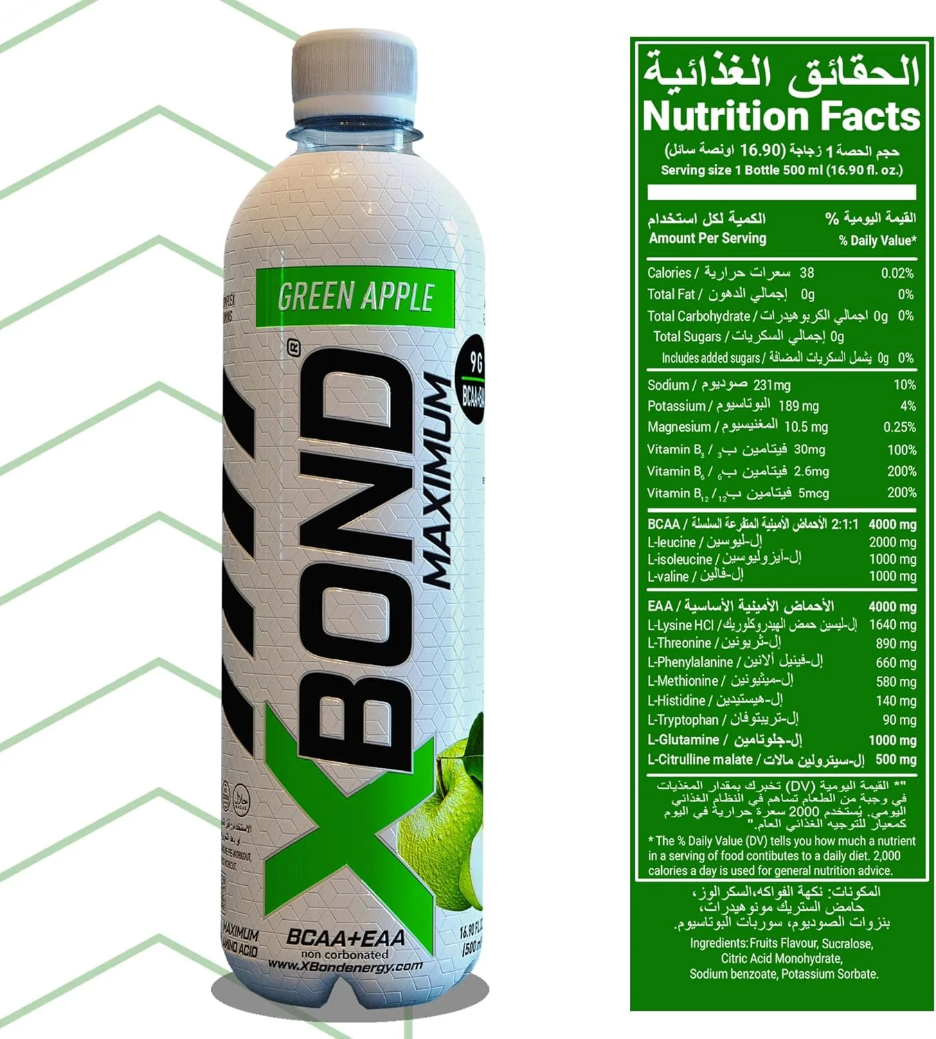 نوشیدنی غیر گازدار سیب سبز X-BOND Maximum Recovery، حداکثر نوشیدنی آمینو - 9 گرم BCAA + الکترولیت های EAA - 16 fl oz (500 ml)، بدون شکر، 34 کالری، 60 میلی گرم کافئین، بسته 12 عددی نوشیدنی غیر گازدار سیب سبز X-BOND Maximum Recovery، حداکثر نوشیدنی آمینو - 9 گرم BCAA + الکترولیت های EAA - 16 fl oz (500 ml)، بدون شکر، 34 کالری، 60 میلی گرم کافئین، بسته 12 عددی