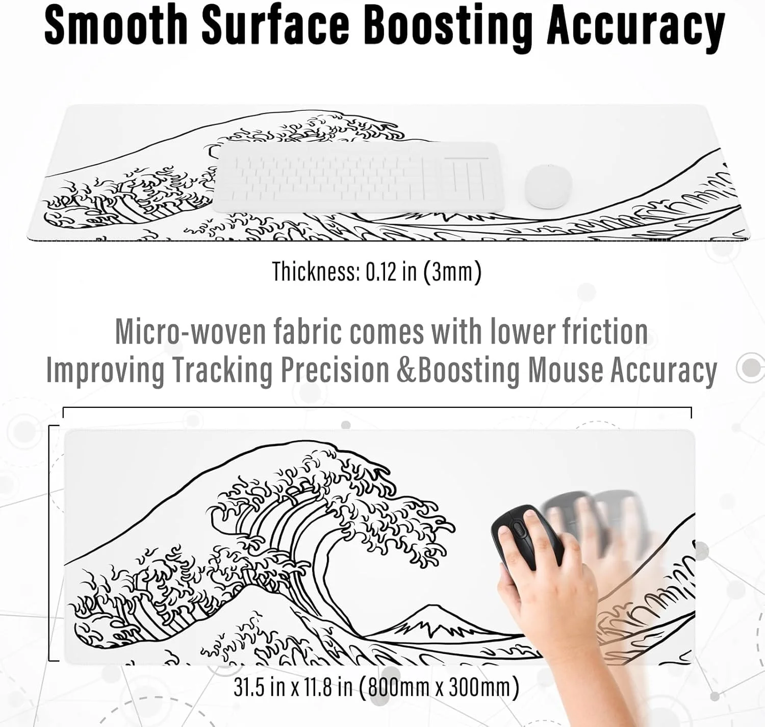 پد ماوس بزرگ گیمینگ Azonee، پد ماوس XL گسترده، پد ماوس موج سفید با پایه ضد لغزش، پد ماوس 31.5 x 11.8 اینچی برای خانه/دفتر/بازی/کار