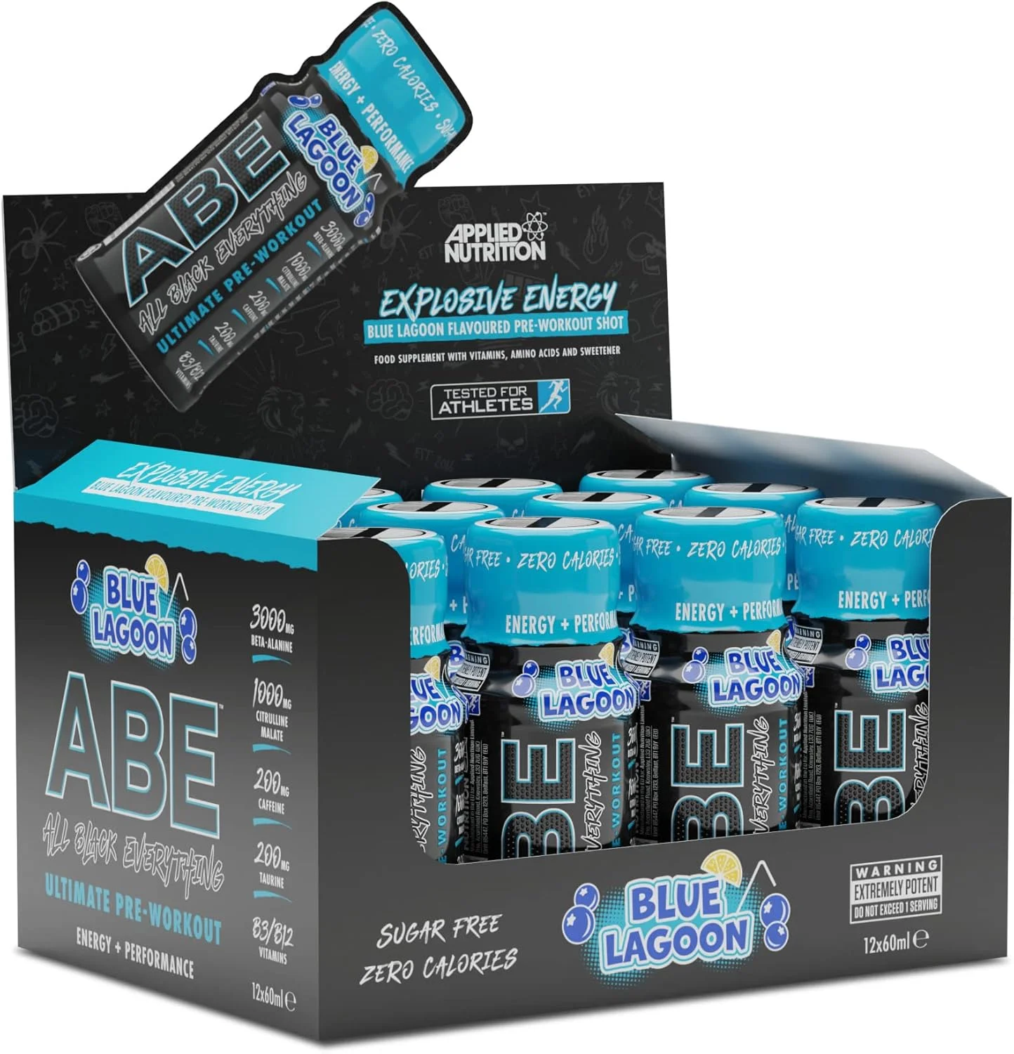 شات پیش تمرینی ABE Applied Nutrition - شات های انرژی پیش تمرینی All Black Everything، عملکرد فیزیکی با سیترولین، بتا آلانین، کافئین (جعبه 12 عددی x 60 میلی لیتر) (Blue Lagoon)