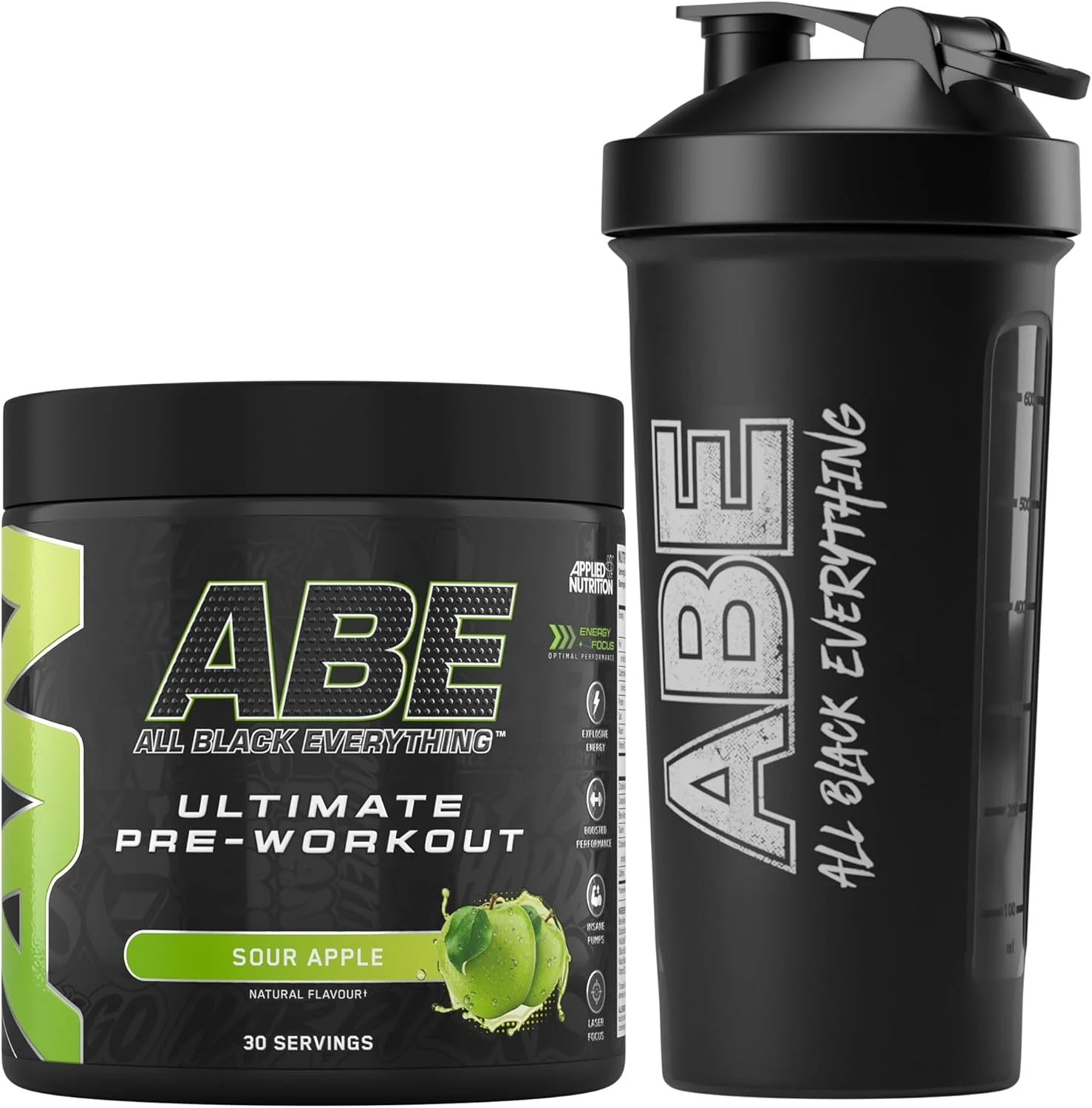 بسته مکمل غذایی Applied Nutrition شامل مکمل قبل از تمرین ABE با وزن 375 گرم + شیکر مشکی ABE | پودر قبل از تمرین All Black Everything، نوشیدنی انرژی زا، عملکرد فیزیکی، کراتین، بتا آلانین، کافئین (سیب ترش)
