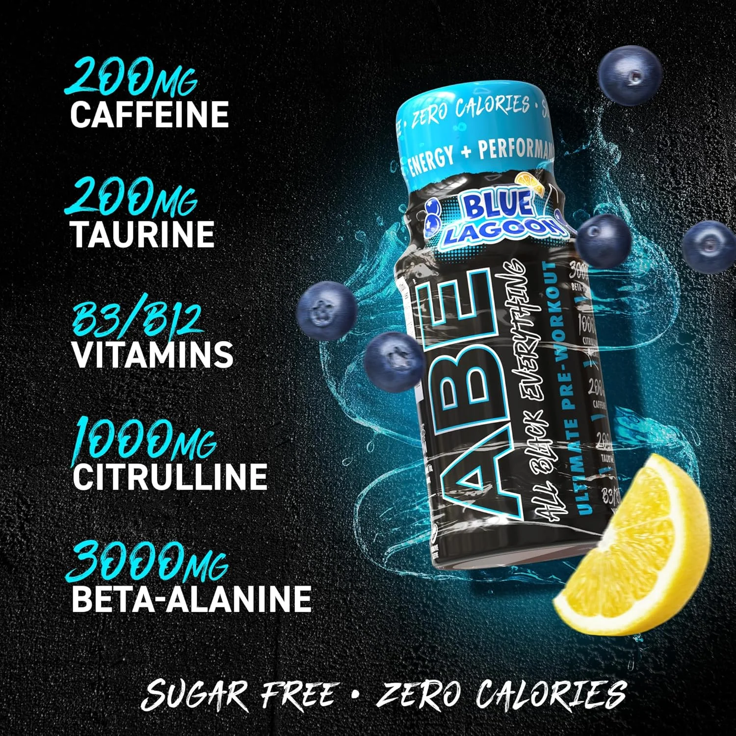 شات پیش تمرینی ABE Applied Nutrition - شات های انرژی پیش تمرینی All Black Everything، عملکرد فیزیکی با سیترولین، بتا آلانین، کافئین (جعبه 12 عددی x 60 میلی لیتر) (Blue Lagoon)