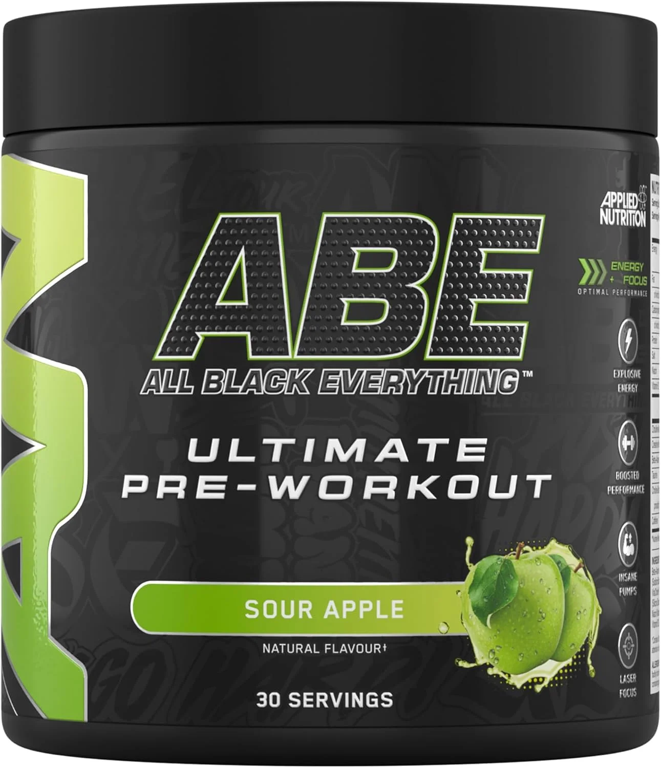 بسته مکمل غذایی Applied Nutrition شامل مکمل قبل از تمرین ABE با وزن 375 گرم + شیکر مشکی ABE | پودر قبل از تمرین All Black Everything، نوشیدنی انرژی زا، عملکرد فیزیکی، کراتین، بتا آلانین، کافئین (سیب ترش)