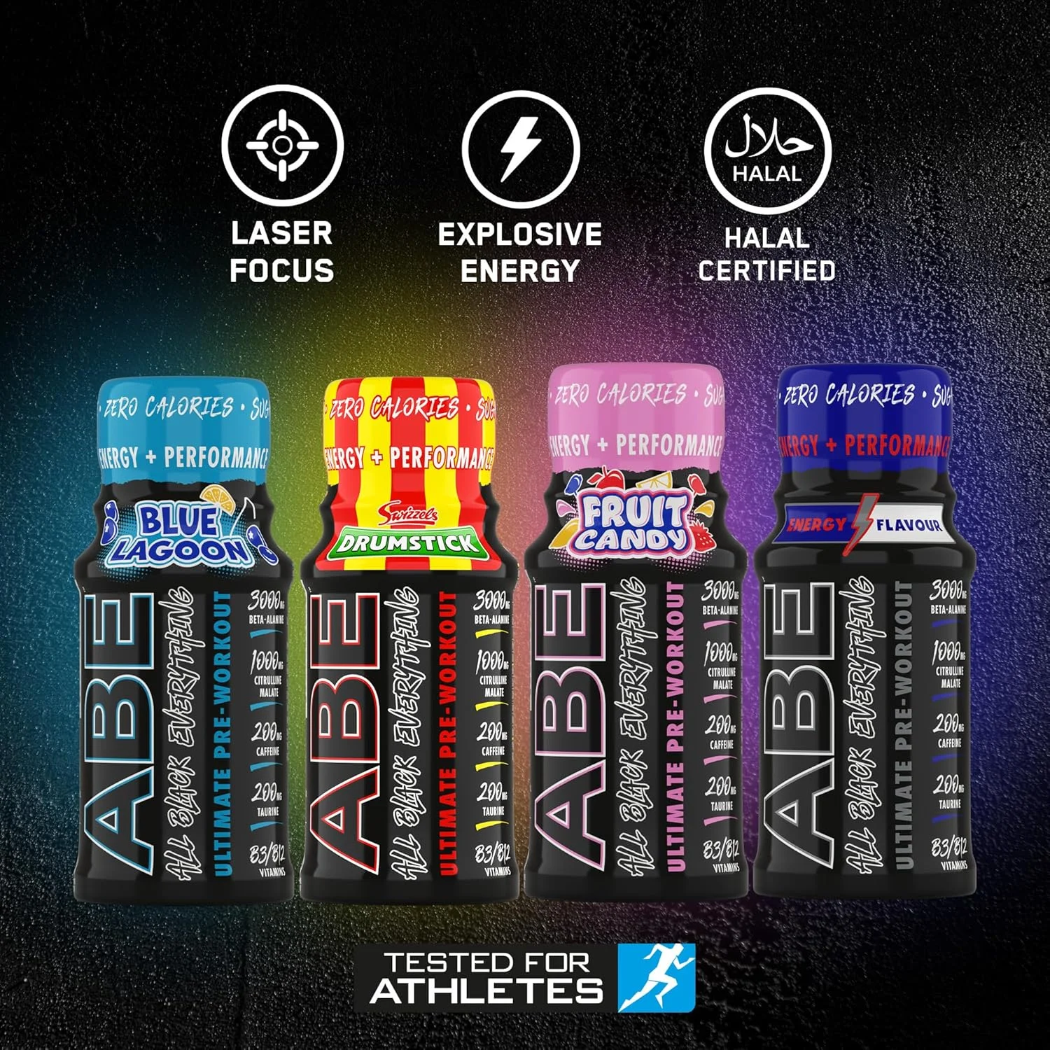 شات پیش تمرینی ABE Applied Nutrition - شات های انرژی پیش تمرینی All Black Everything، عملکرد فیزیکی با سیترولین، بتا آلانین، کافئین (جعبه 12 عددی x 60 میلی لیتر) (Blue Lagoon)