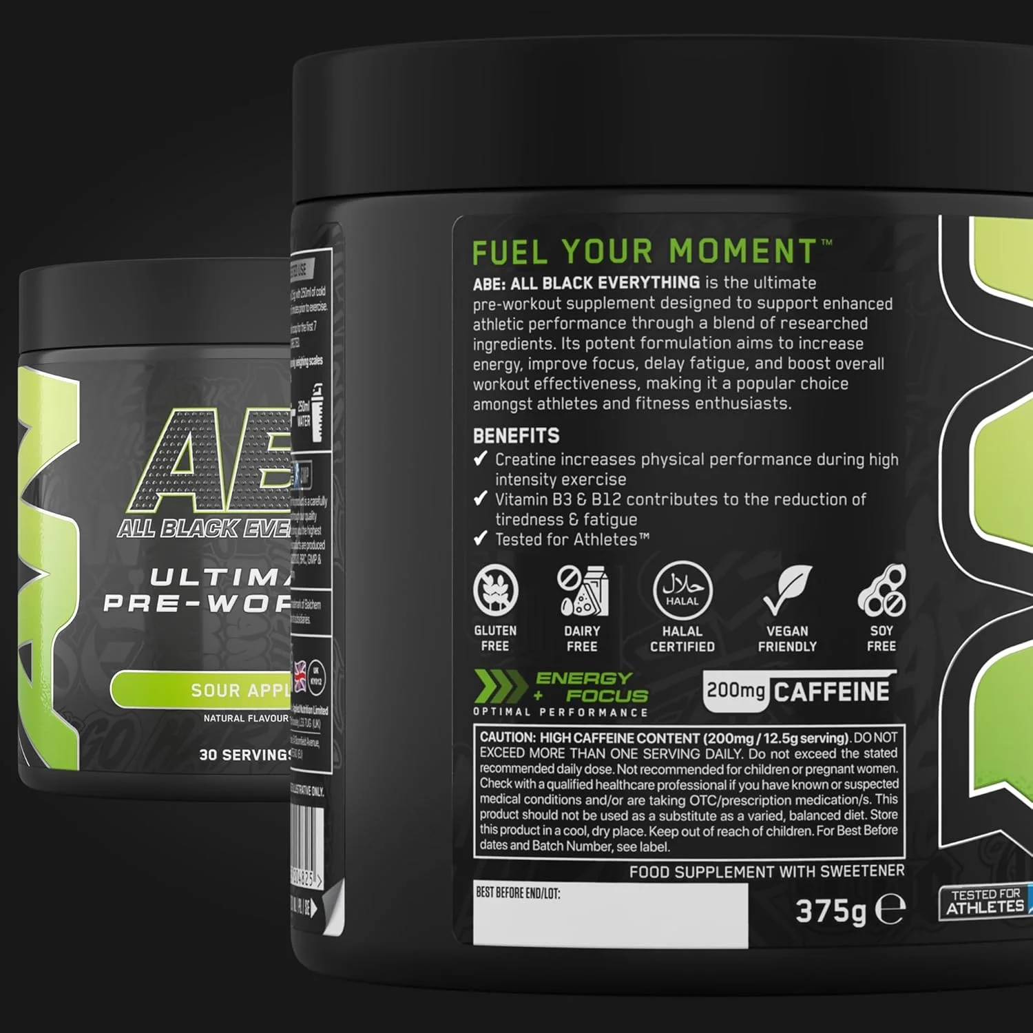 بسته مکمل غذایی Applied Nutrition شامل مکمل قبل از تمرین ABE با وزن 375 گرم + شیکر مشکی ABE | پودر قبل از تمرین All Black Everything، نوشیدنی انرژی زا، عملکرد فیزیکی، کراتین، بتا آلانین، کافئین (سیب ترش)