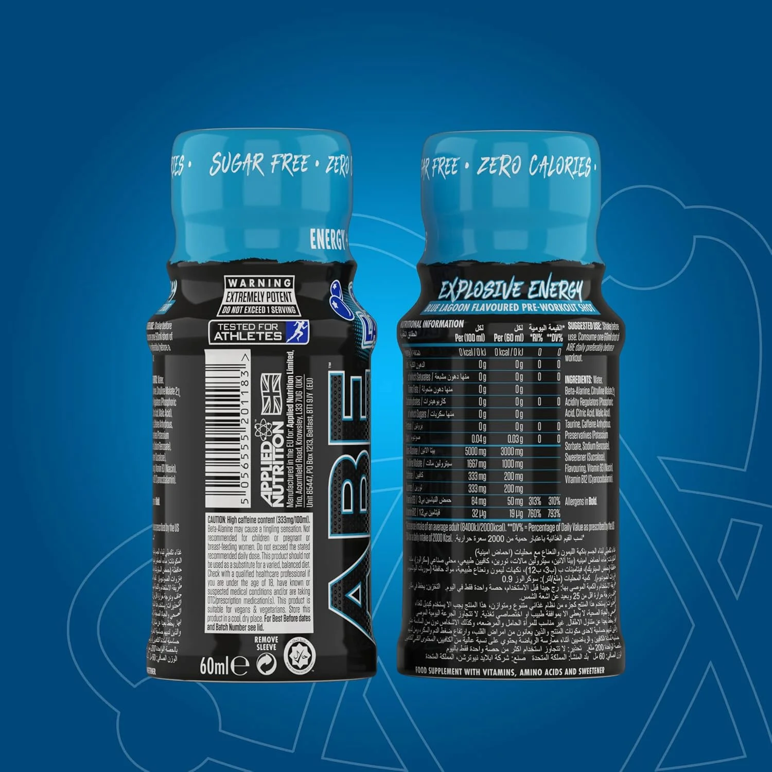 شات پیش تمرینی ABE Applied Nutrition - شات های انرژی پیش تمرینی All Black Everything، عملکرد فیزیکی با سیترولین، بتا آلانین، کافئین (جعبه 12 عددی x 60 میلی لیتر) (Blue Lagoon)