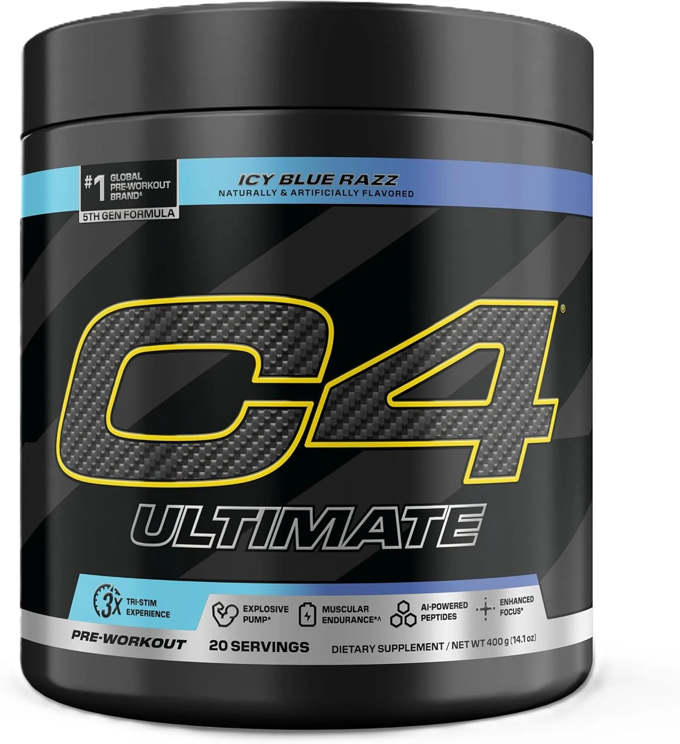 پودر مکمل قبل از تمرین سلوکور C4 Ultimate با طعم تمشک آبی یخی - مکمل انرژی قبل از تمرین بدون قند برای مردان و زنان - 300 میلی گرم کافئین + 3.2 گرم بتا آلانین + 2 کراتین ثبت اختراع شده - 20 سروینگ