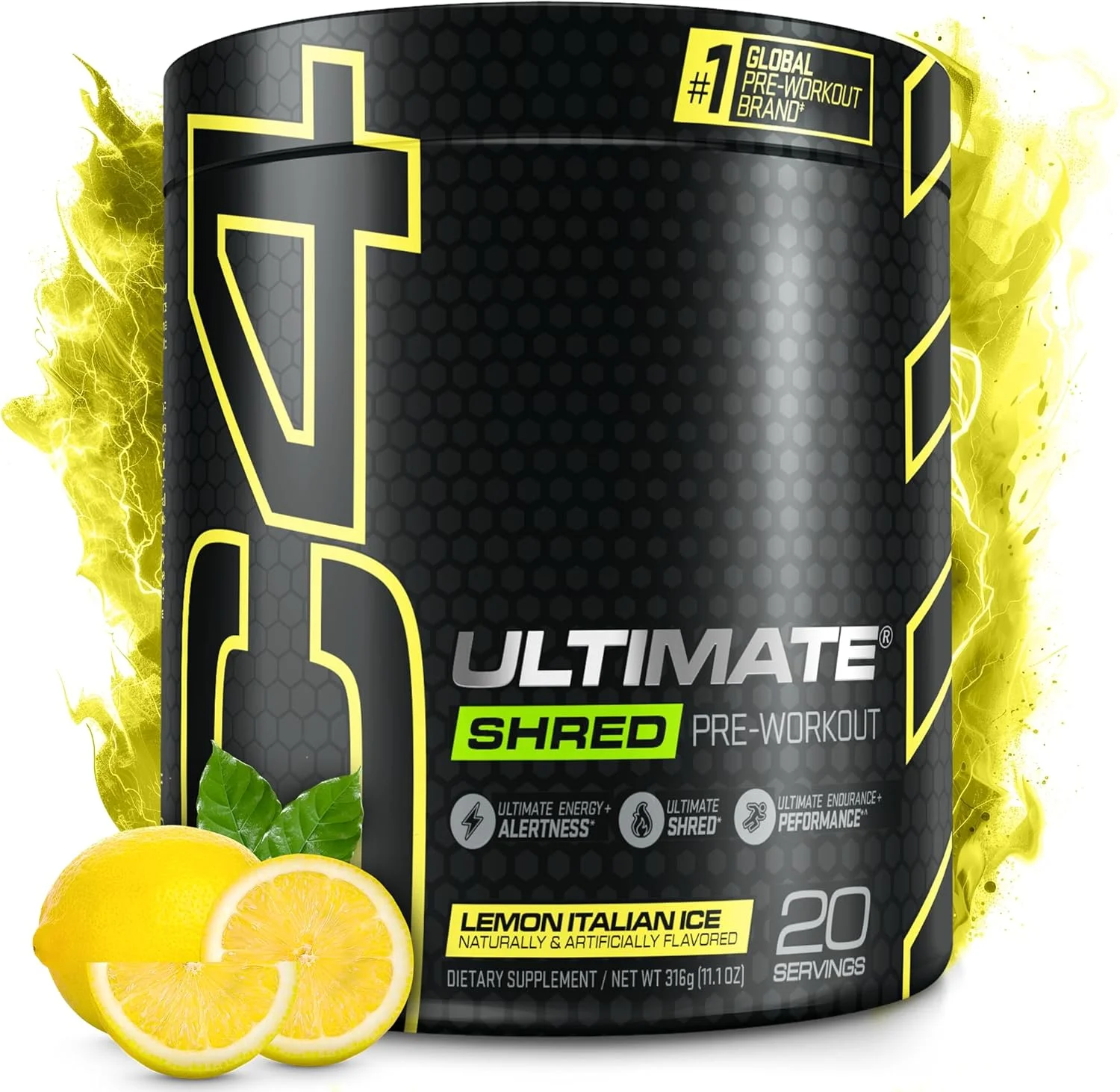 پودر مکمل قبل از تمرین چربی سوز Cellucor C4 Ultimate Shred، چربی سوز برای مردان و زنان، مکمل متابولیسم با عصاره ریشه زنجبیل، یخ لیمویی ایتالیایی، 20 سروینگ (بسته 1 عددی)