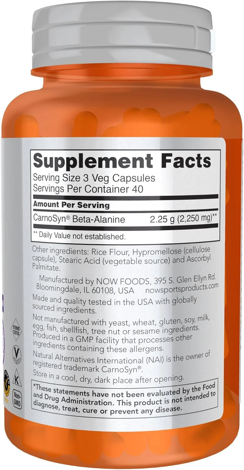 NOW Sports Nutrition، بتا-آلانین 750 میلی گرم، تاخیر در خستگی عضلات*، استقامت*، 120 کپسول گیاهی NOW Sports Nutrition، بتا-آلانین 750 میلی گرم، تاخیر در خستگی عضلات*، استقامت*، 120 کپسول گیاهی