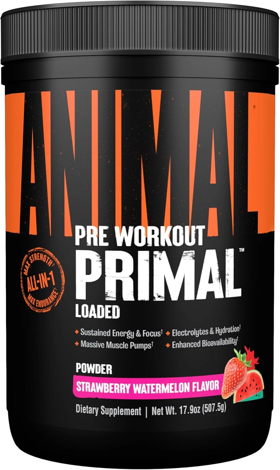پودر هیدراتاسیون عضلانی و پری ورک اوت Animal Primal - حاوی بتا آلانین، 3DPump، کافئین و الکترولیت ها - بهبود انرژی، تمرکز، استقامت و جذب - طعم هندوانه توت فرنگی، 507 گرم