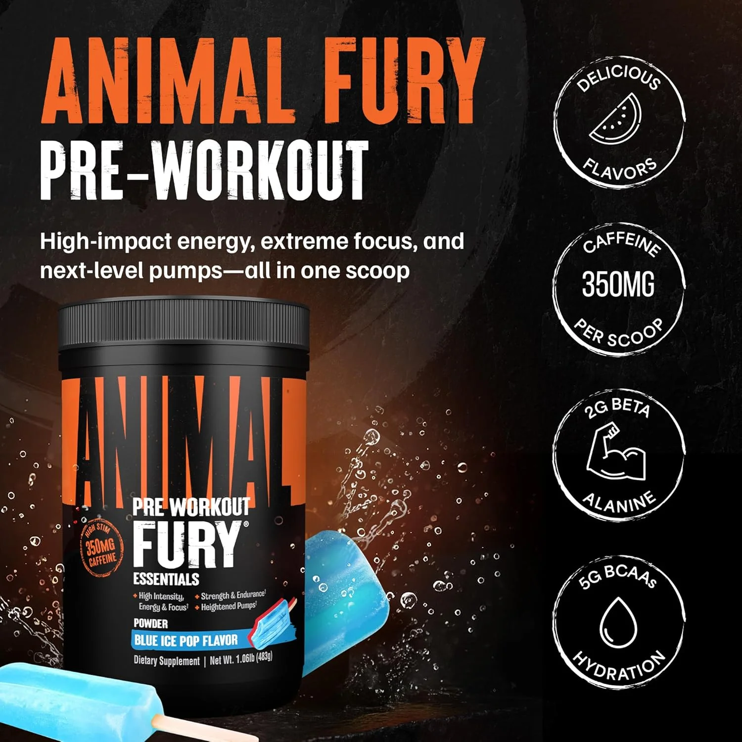 Animal Fury - مکمل پودری قبل از تمرین برای انرژی و تمرکز - 5 گرم BCAA، 350 میلی گرم کافئین، نیتریک اکسید، بدون کراتین - محرک قوی برای بدنسازان - آیس پاپ، 30 سروینگ Animal Fury - مکمل پودری قبل از تمرین برای انرژی و تمرکز - 5 گرم BCAA، 350 میلی گرم کافئین، نیتریک اکسید، بدون کراتین - محرک قوی برای بدنسازان - آیس پاپ، 30 سروینگ