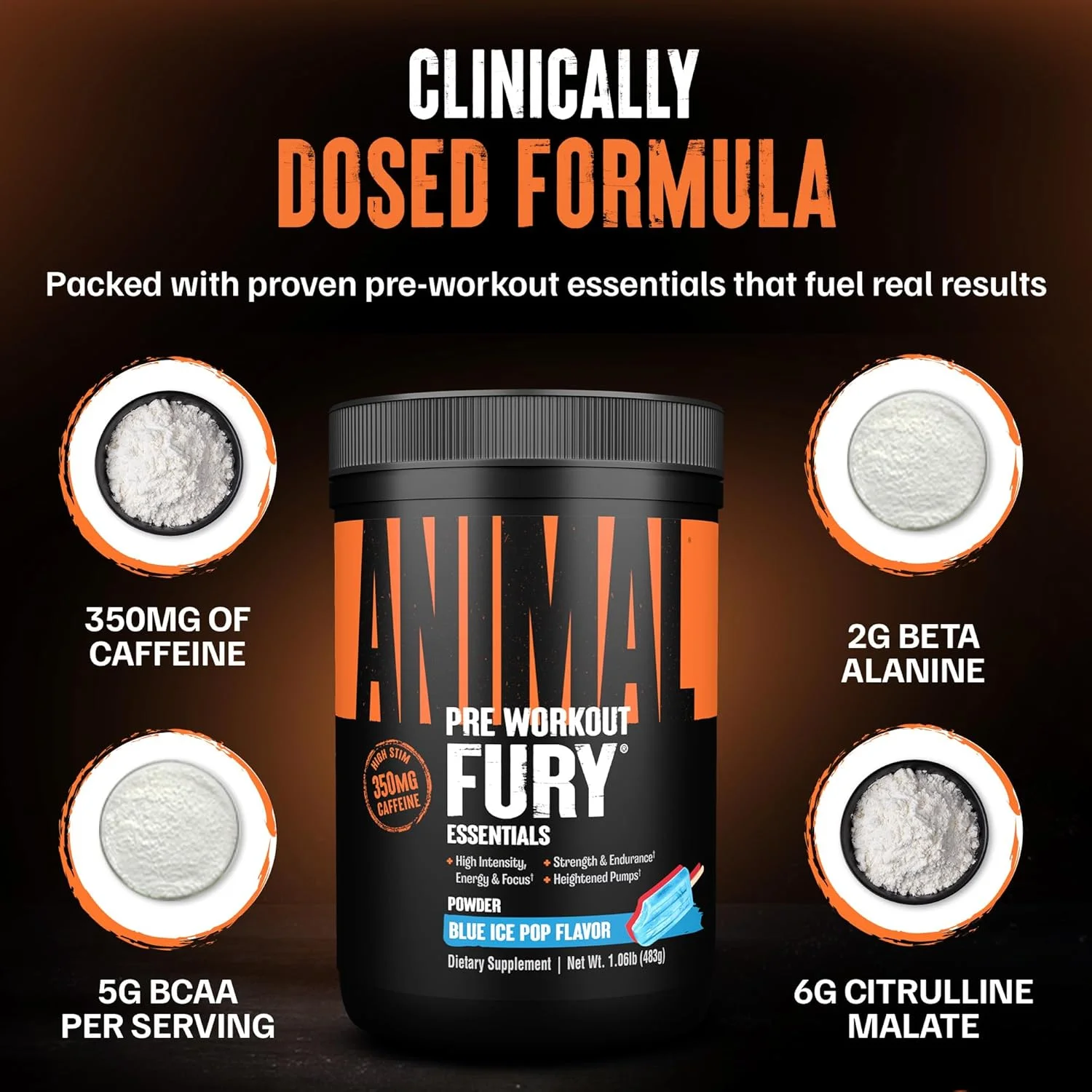 Animal Fury - مکمل پودری قبل از تمرین برای انرژی و تمرکز - 5 گرم BCAA، 350 میلی گرم کافئین، نیتریک اکسید، بدون کراتین - محرک قوی برای بدنسازان - آیس پاپ، 30 سروینگ Animal Fury - مکمل پودری قبل از تمرین برای انرژی و تمرکز - 5 گرم BCAA، 350 میلی گرم کافئین، نیتریک اکسید، بدون کراتین - محرک قوی برای بدنسازان - آیس پاپ، 30 سروینگ