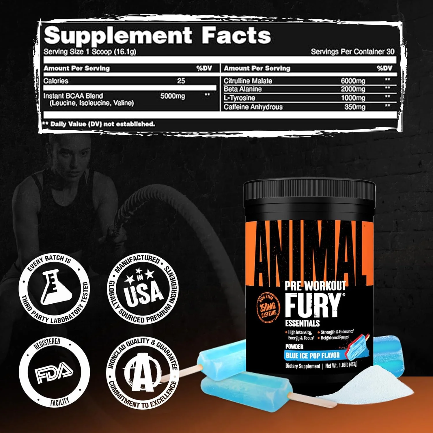 Animal Fury - مکمل پودری قبل از تمرین برای انرژی و تمرکز - 5 گرم BCAA، 350 میلی گرم کافئین، نیتریک اکسید، بدون کراتین - محرک قوی برای بدنسازان - آیس پاپ، 30 سروینگ Animal Fury - مکمل پودری قبل از تمرین برای انرژی و تمرکز - 5 گرم BCAA، 350 میلی گرم کافئین، نیتریک اکسید، بدون کراتین - محرک قوی برای بدنسازان - آیس پاپ، 30 سروینگ