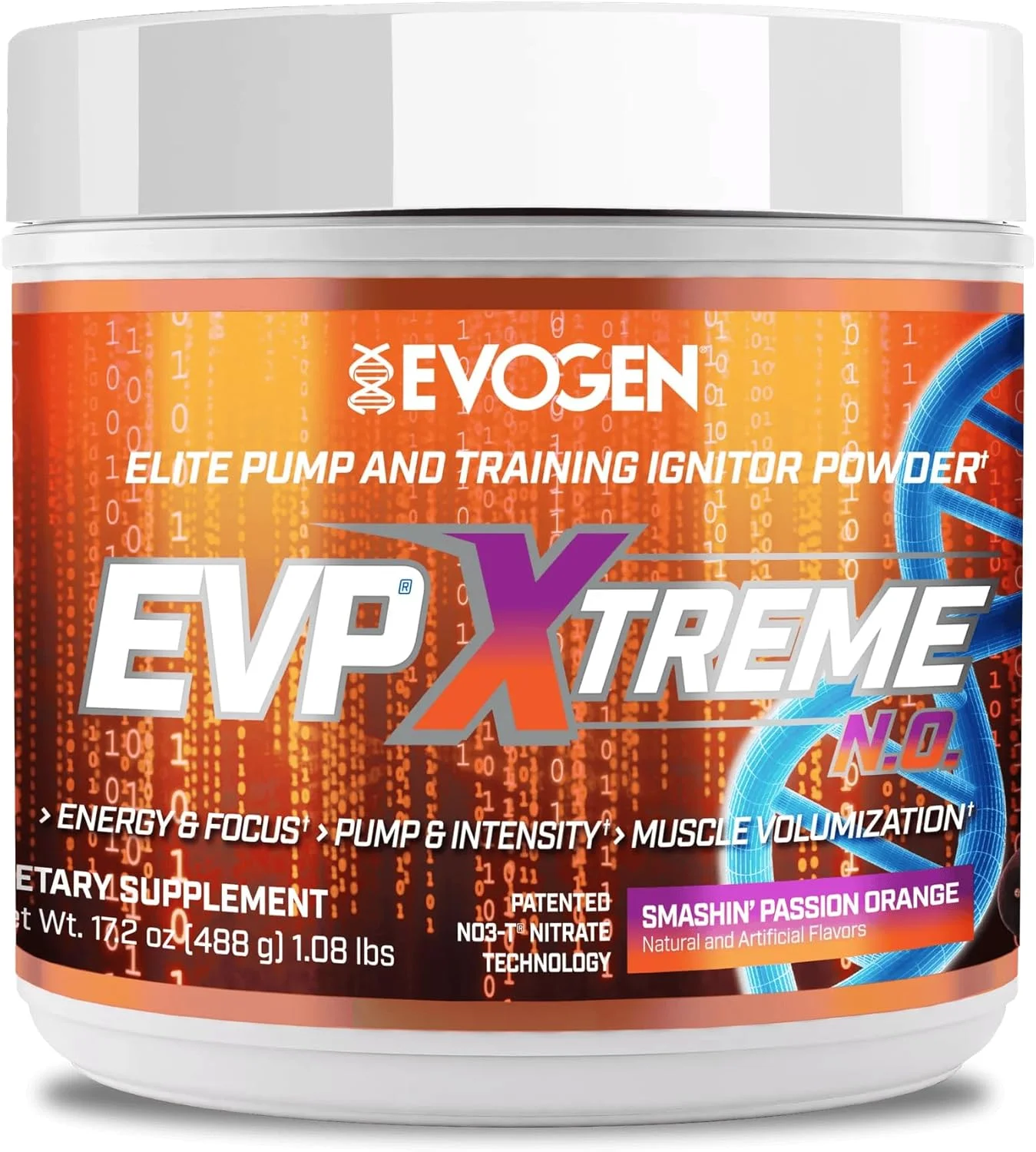 مکمل قبل از تمرین Evogen EVP Xtreme NO | آرژنین نیترات، بتا آلانین، سیترولین، اکسید نیتریک، پمپ عضلانی | 40 سروینگ (Smashin' Passion Orange)