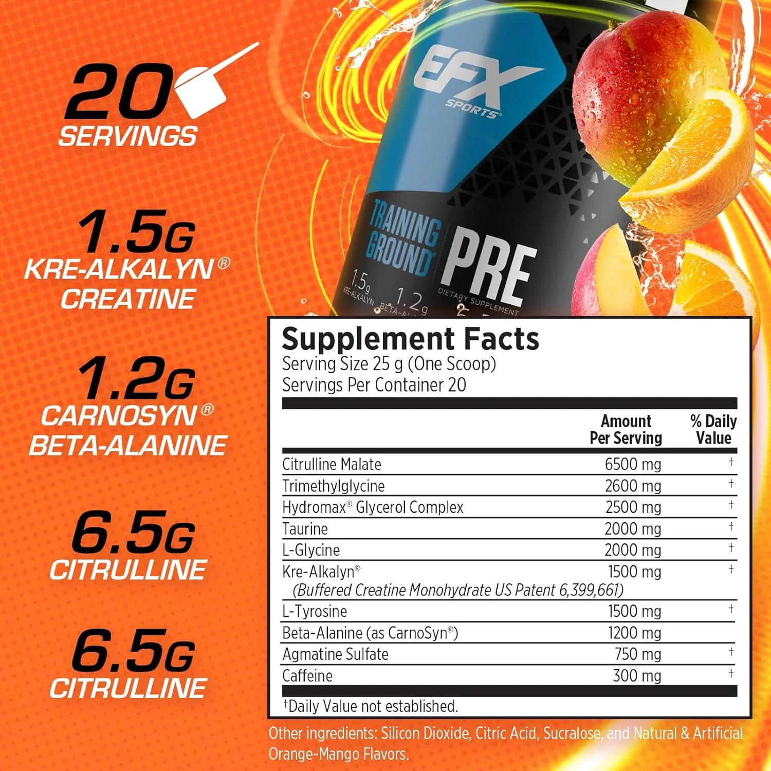 مکمل قبل از تمرین EFX SPORTS Training Ground با طعم انبه پرتقالی، حاوی 6.5 گرم سیترولین، 2.5 گرم HydroMax گلیسرول، 1.2 گرم بتا آلانین و 1.5 گرم تیروزین مکمل قبل از تمرین EFX SPORTS Training Ground با طعم انبه پرتقالی، حاوی 6.5 گرم سیترولین، 2.5 گرم HydroMax گلیسرول، 1.2 گرم بتا آلانین و 1.5 گرم تیروزین