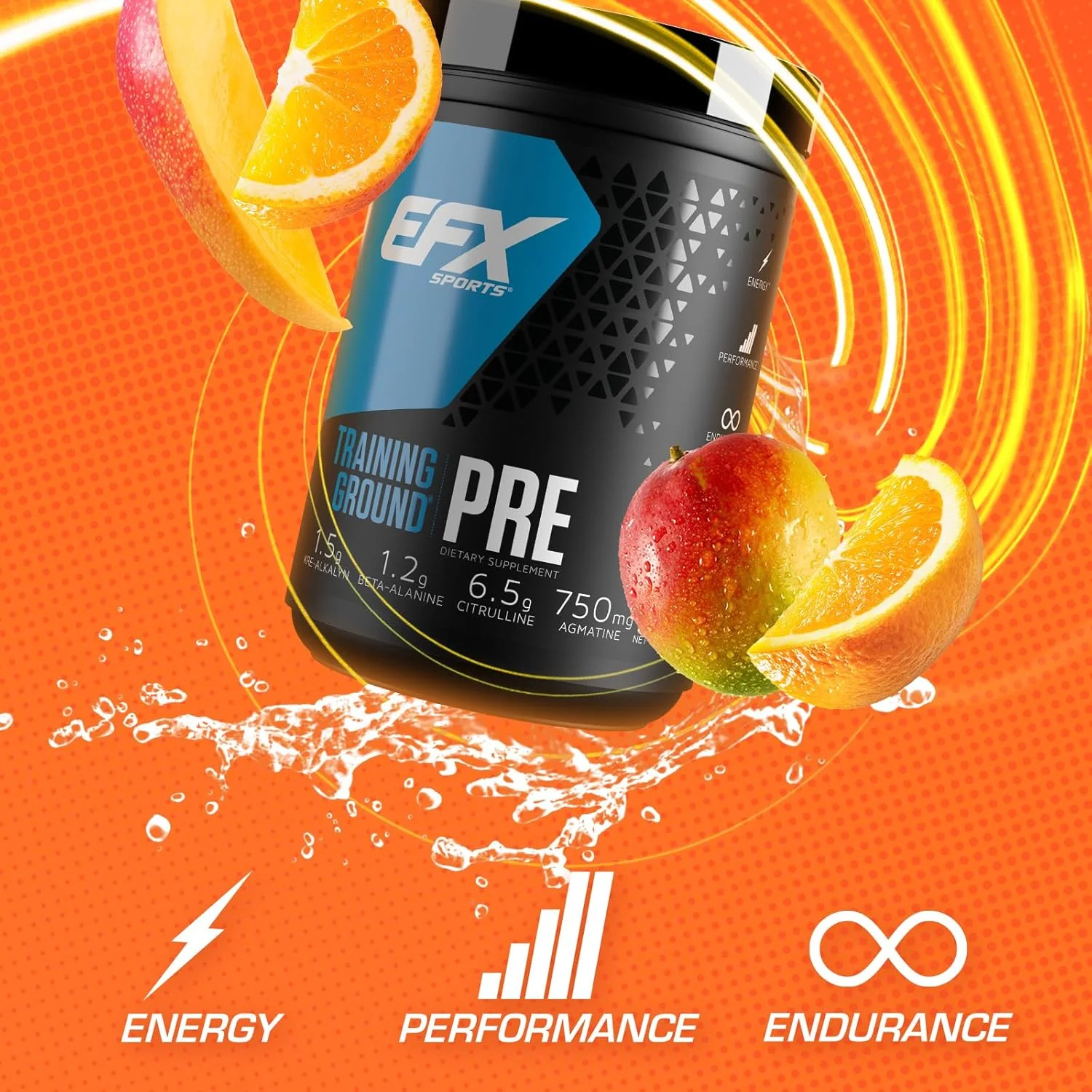 مکمل قبل از تمرین EFX SPORTS Training Ground با طعم انبه پرتقالی، حاوی 6.5 گرم سیترولین، 2.5 گرم HydroMax گلیسرول، 1.2 گرم بتا آلانین و 1.5 گرم تیروزین مکمل قبل از تمرین EFX SPORTS Training Ground با طعم انبه پرتقالی، حاوی 6.5 گرم سیترولین، 2.5 گرم HydroMax گلیسرول، 1.2 گرم بتا آلانین و 1.5 گرم تیروزین