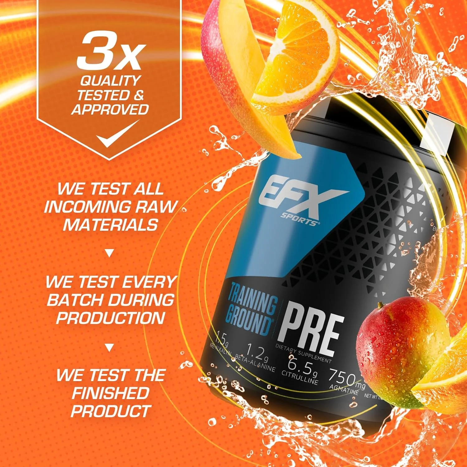 مکمل قبل از تمرین EFX SPORTS Training Ground با طعم انبه پرتقالی، حاوی 6.5 گرم سیترولین، 2.5 گرم HydroMax گلیسرول، 1.2 گرم بتا آلانین و 1.5 گرم تیروزین مکمل قبل از تمرین EFX SPORTS Training Ground با طعم انبه پرتقالی، حاوی 6.5 گرم سیترولین، 2.5 گرم HydroMax گلیسرول، 1.2 گرم بتا آلانین و 1.5 گرم تیروزین