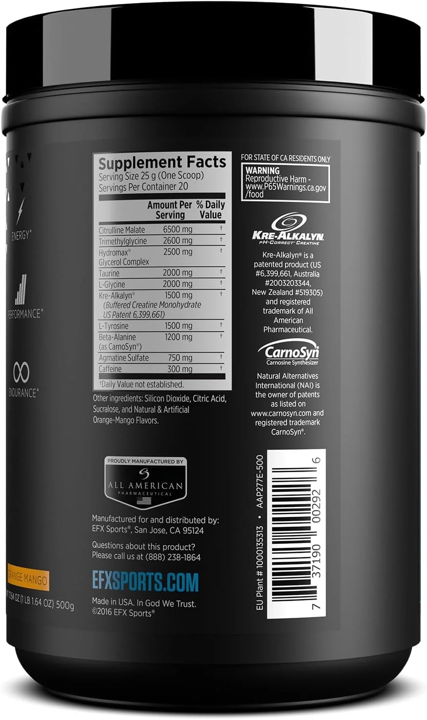 مکمل قبل از تمرین EFX SPORTS Training Ground با طعم انبه پرتقالی، حاوی 6.5 گرم سیترولین، 2.5 گرم HydroMax گلیسرول، 1.2 گرم بتا آلانین و 1.5 گرم تیروزین مکمل قبل از تمرین EFX SPORTS Training Ground با طعم انبه پرتقالی، حاوی 6.5 گرم سیترولین، 2.5 گرم HydroMax گلیسرول، 1.2 گرم بتا آلانین و 1.5 گرم تیروزین