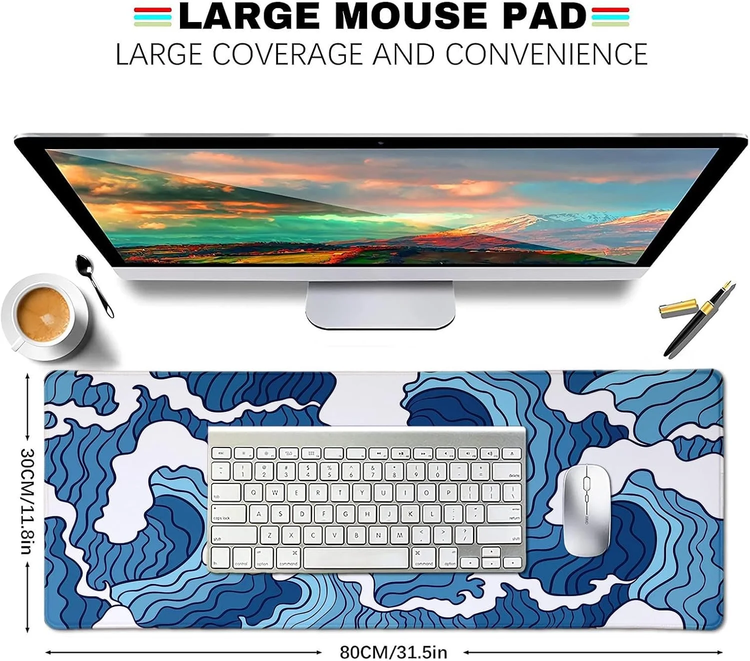 ماوس پد گیمینگ LTHAOGUO طرح موج آبی و سفید ژاپنی XL - پد ماوس بزرگ با پایه لاستیکی ضد لغزش - پد رومیزی با لبه های دوخته شده ضد آب، پد ماوس توسعه یافته، 80x30 سانتی متر