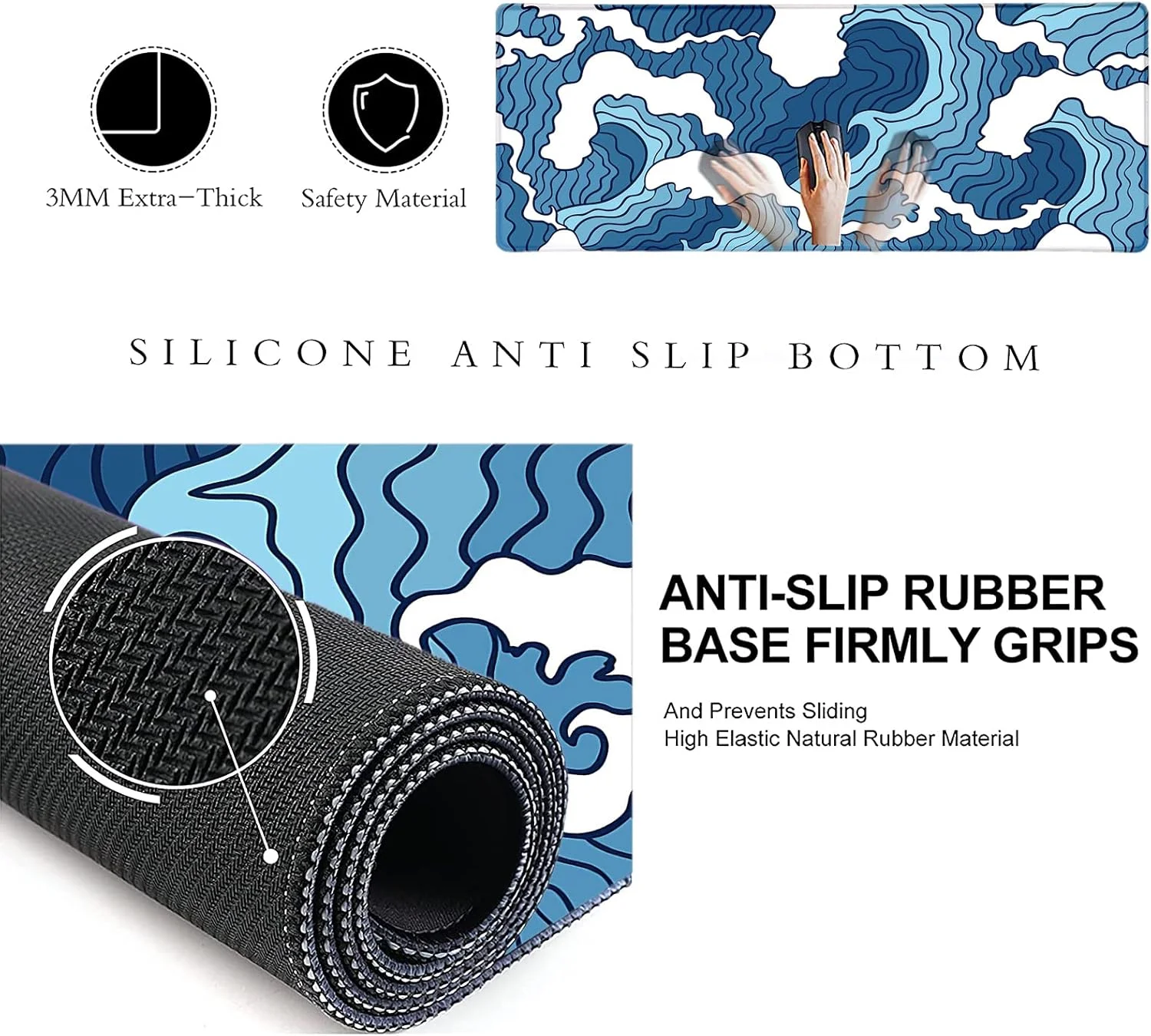 ماوس پد گیمینگ LTHAOGUO طرح موج آبی و سفید ژاپنی XL - پد ماوس بزرگ با پایه لاستیکی ضد لغزش - پد رومیزی با لبه های دوخته شده ضد آب، پد ماوس توسعه یافته، 80x30 سانتی متر