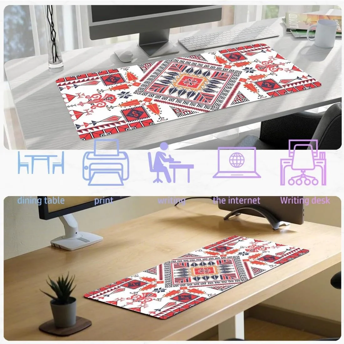 پد ماوس گیمینگ، پد ماوس ضد لغزش، پد ماوس و کیبورد بزرگ XXL، 80x30 سانتی متر، ضد سایش و ضد آب، طرح قومی ایرانی، مناسب برای محیط اداری، خانه، گیمرها - قرمز و سفید