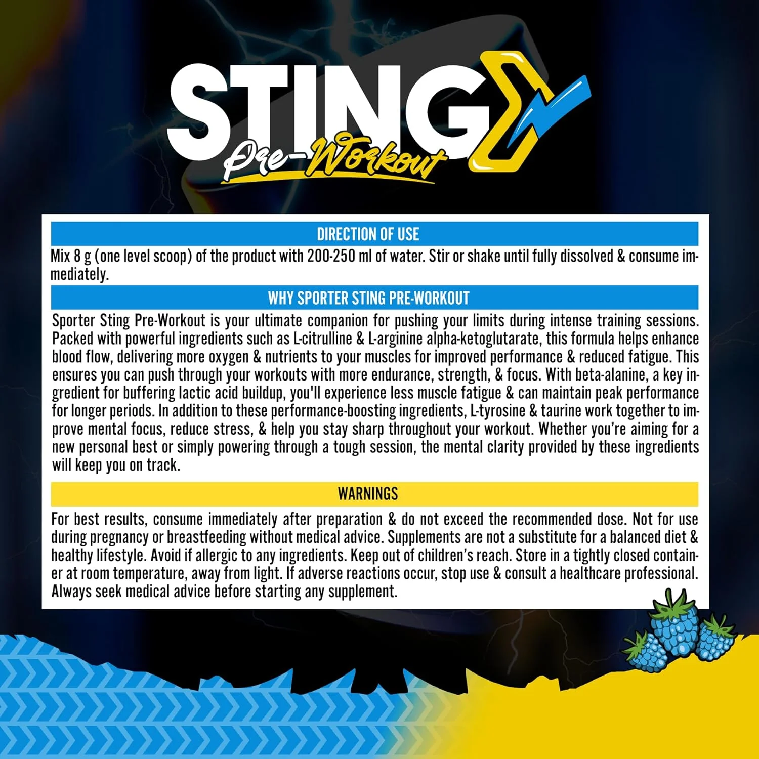 پودر مکمل قبل از تمرین Sporter Sting - برای انرژی، تمرکز و استقامت - پمپ عضلانی و پشتیبانی از عملکرد با ال-سیترولین، بتا آلانین، AKG (240 گرم، تمشک آبی) پودر مکمل قبل از تمرین Sporter Sting - برای انرژی، تمرکز و استقامت - پمپ عضلانی و پشتیبانی از عملکرد با ال-سیترولین، بتا آلانین، AKG (240 گرم، تمشک آبی)