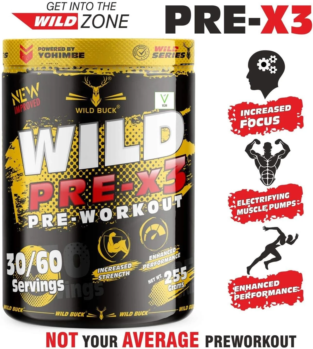 پودر مکمل قبل از تمرین WILD BUCK Wild Pre-X3 Hardcore، نوشیدنی انرژی زا با کراتین مونوهیدرات، آرژنین AAKG، بتا آلانین - برای مردان، زنان [30-60 سروینگ، توت های وحشی، 255 گرم] شیکر رایگان