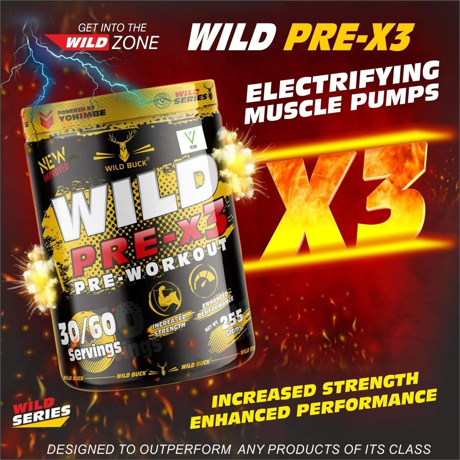 پودر مکمل قبل از تمرین WILD BUCK Wild Pre-X3 Hardcore، نوشیدنی انرژی زا با کراتین مونوهیدرات، آرژنین AAKG، بتا آلانین - برای مردان، زنان [30-60 سروینگ، توت های وحشی، 255 گرم] شیکر رایگان