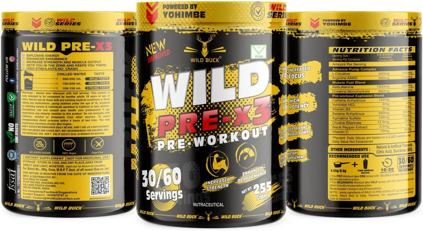 پودر مکمل قبل از تمرین WILD BUCK Wild Pre-X3 Hardcore، نوشیدنی انرژی زا با کراتین مونوهیدرات، آرژنین AAKG، بتا آلانین - برای مردان، زنان [30-60 سروینگ، توت های وحشی، 255 گرم] شیکر رایگان
