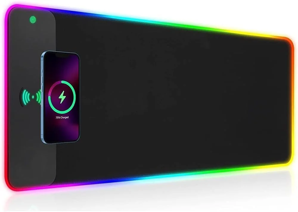 پد ماوس گیمینگ RGB با شارژ بی‌سیم، پد ماوس LED 31.5 * 11.8 اینچ، 10 حالت نورپردازی پد ماوس فوق‌العاده بزرگ، پد کیبورد کامپیوتر با پایه لاستیکی ضد لغزش برای بازی، مک‌بوک، کامپیوتر شخصی، لپ‌تاپ، میز