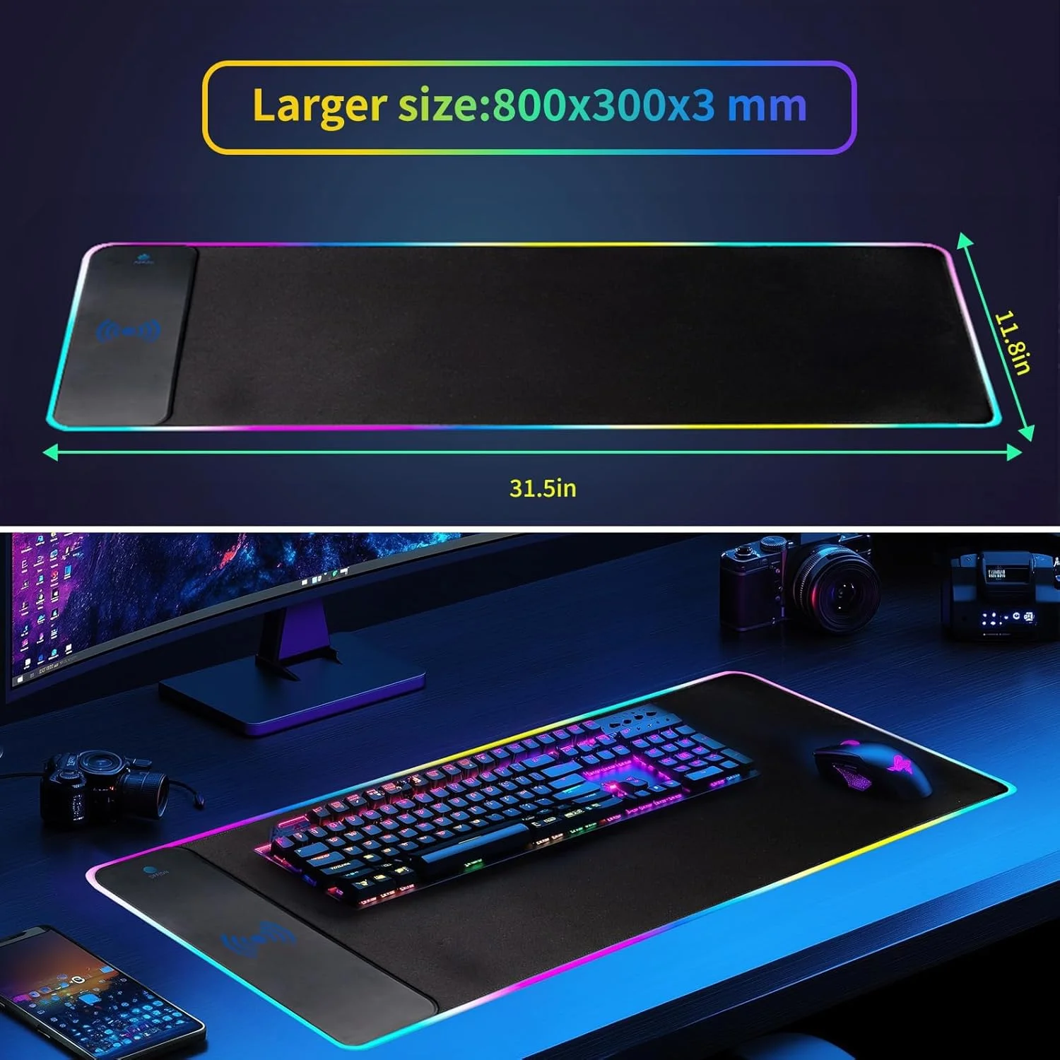 پد ماوس گیمینگ RGB با شارژ بیسیم، پد ماوس LED 31.5 * 11.8 اینچ، 10 حالت نورپردازی پد ماوس فوقالعاده بزرگ، پد کیبورد کامپیوتر با پایه لاستیکی ضد لغزش برای بازی، مکبوک، کامپیوتر شخصی، لپتاپ، میز پد ماوس گیمینگ RGB با شارژ بیسیم، پد ماوس LED 31.5 * 11.8 اینچ، 10 حالت نورپردازی پد ماوس فوقالعاده بزرگ، پد کیبورد کامپیوتر با پایه لاستیکی ضد لغزش برای بازی، مکبوک، کامپیوتر شخصی، لپتاپ، میز