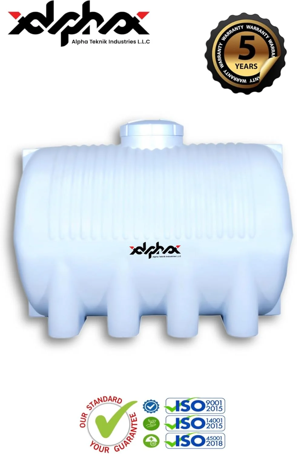 مخزن آب پلی اتیلن افقی آلفا تکنیک با ظرفیت 800 گالن آمریکایی (3040 لیتر) | 3 لایه | 5 سال گارانتی | ساخت امارات متحده عربی