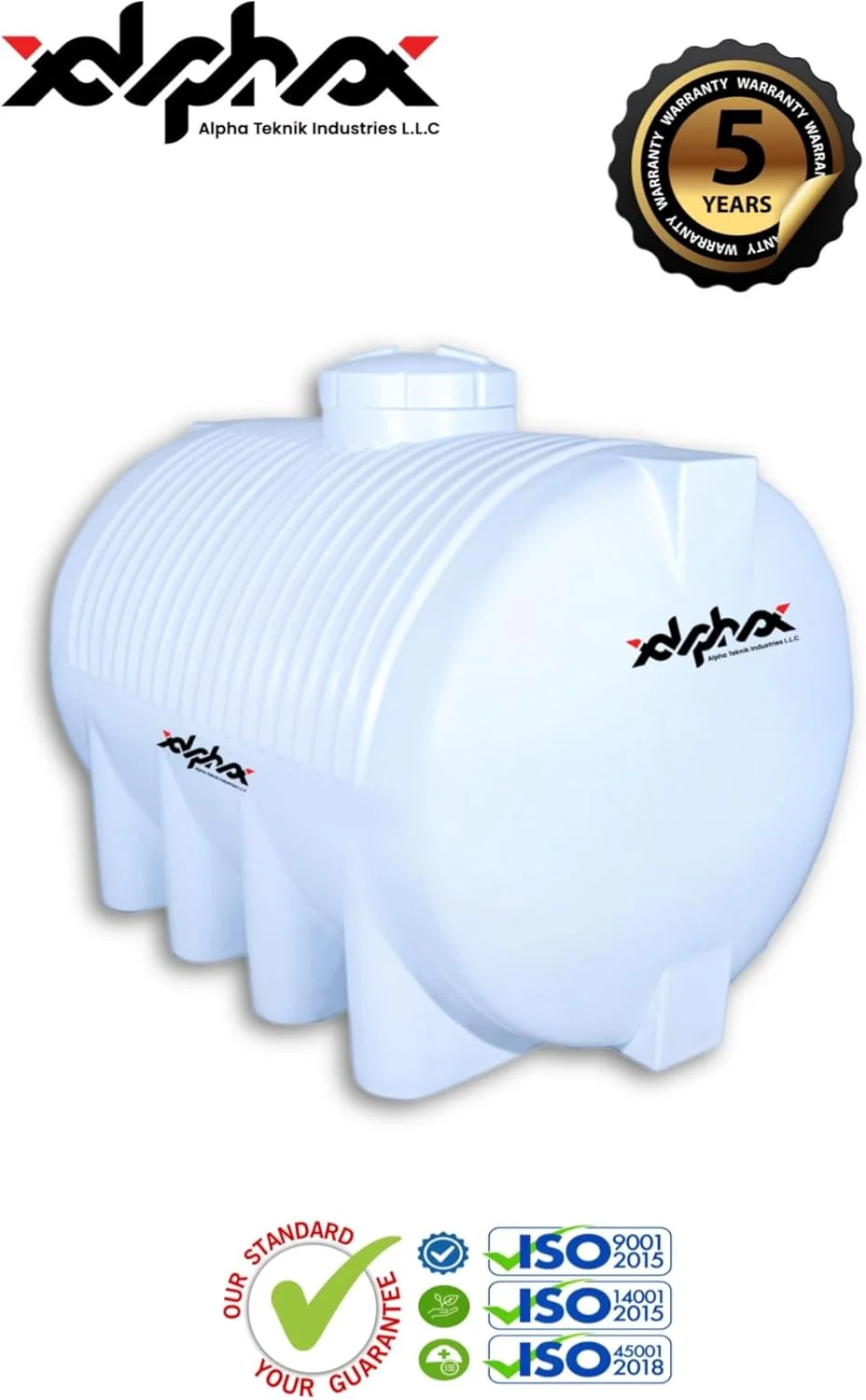 مخزن آب پلی اتیلن افقی آلفا تکنیک با ظرفیت 800 گالن آمریکایی (3040 لیتر) | 3 لایه | 5 سال گارانتی | ساخت امارات متحده عربی