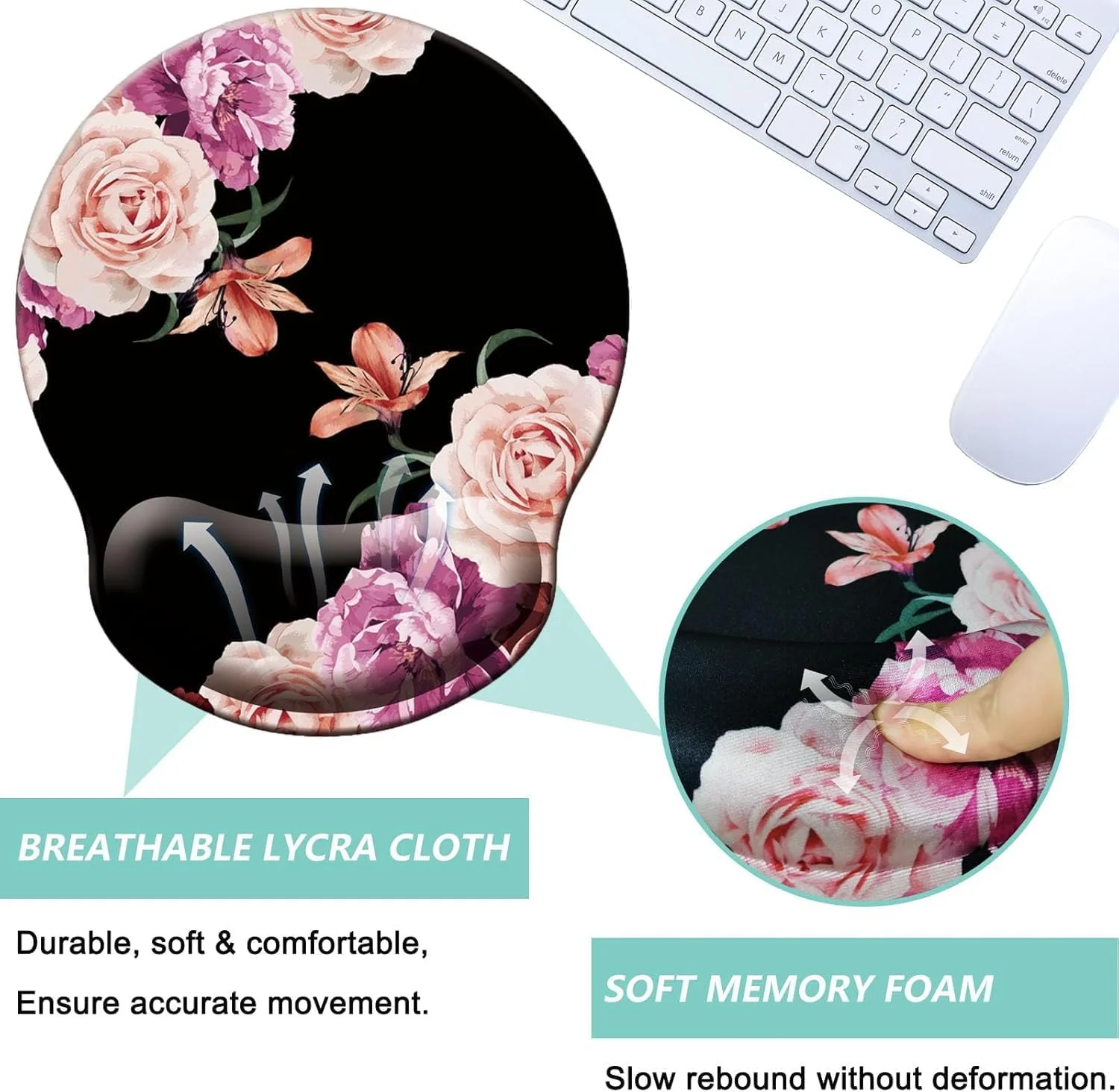 پد ماوس با پشتیبانی مچ دست، پد ماوس ارگونومیک با بالشتک استراحت مچ دست فوم حافظه دار، پد ماوس بازی با پایه لاستیکی ضد لغزش برای لپ تاپ کامپیوتر اداری خانگی (رز)